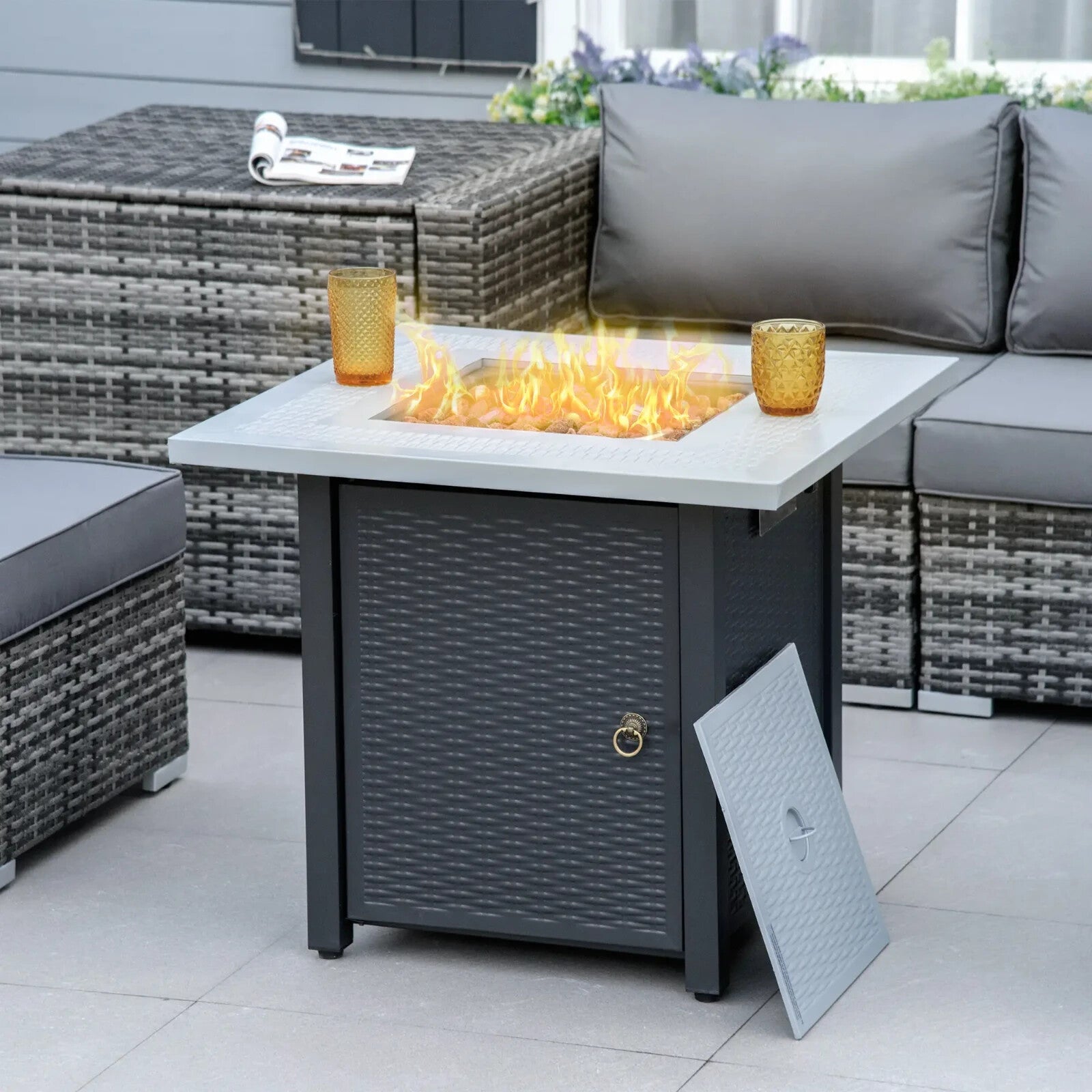 Metal Outdoor Fire Pit Table Garden Dining Table Gas Patio Heater Black Grey Set - Home and Garden Furniture Shop - rustic - furniture