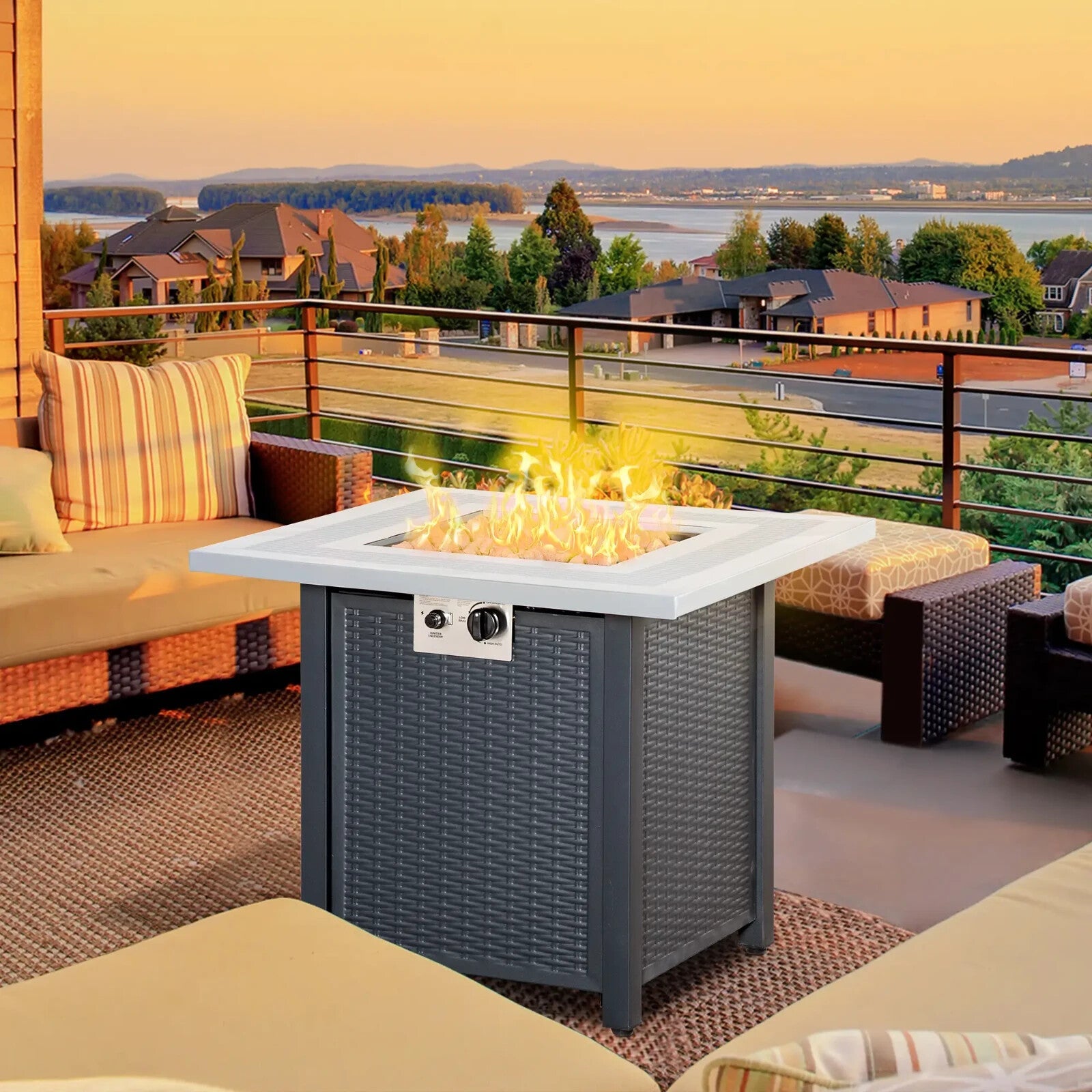 Metal Outdoor Fire Pit Table Garden Dining Table Gas Patio Heater Black Grey Set - Home and Garden Furniture Shop - rustic - furniture