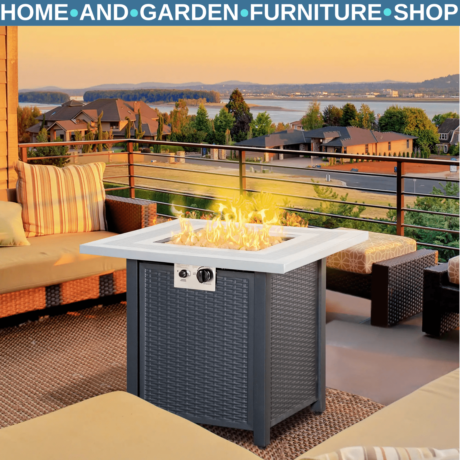 Metal Outdoor Fire Pit Table Garden Dining Table Gas Patio Heater Black Grey Set - Home and Garden Furniture Shop - rustic - furniture