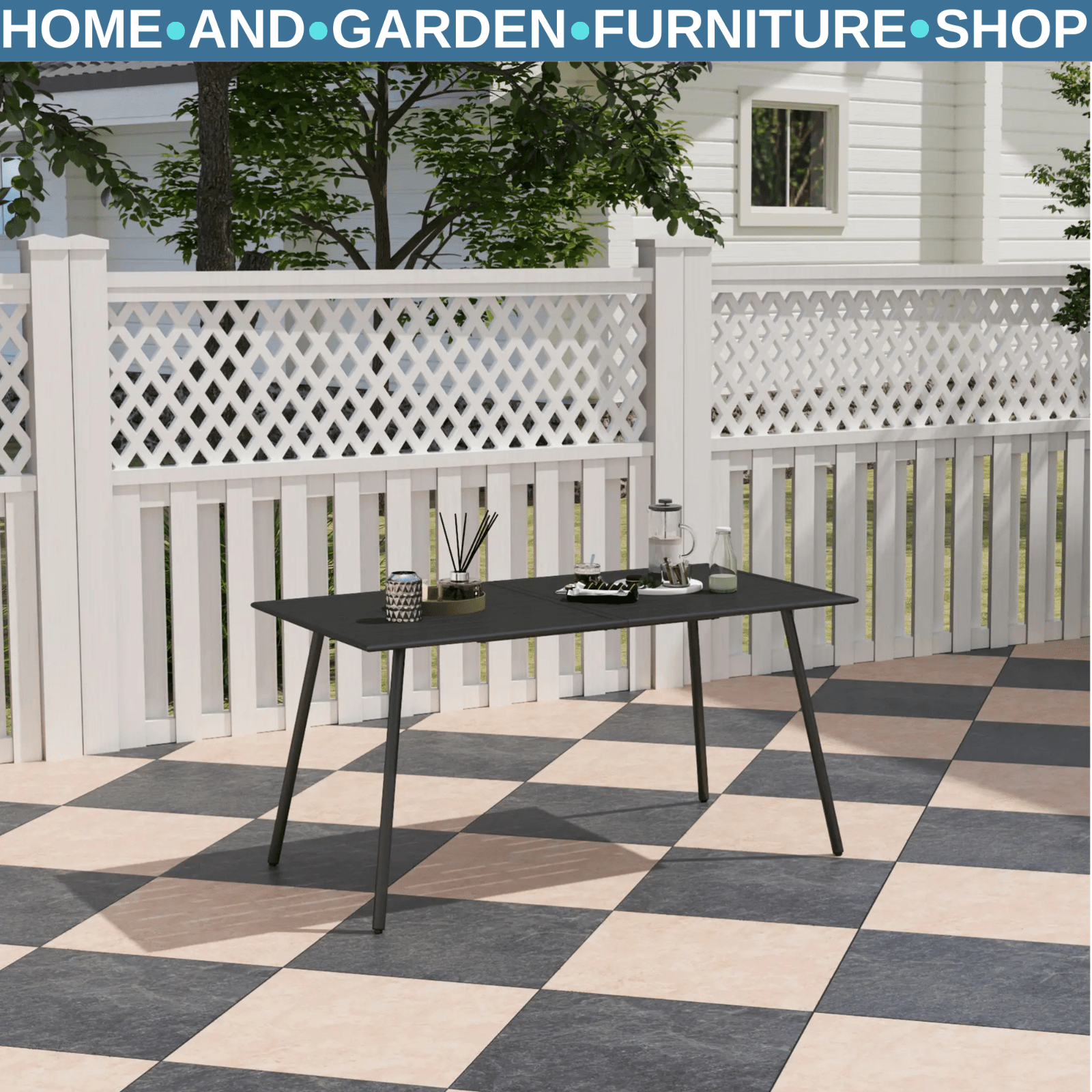 Metal Outdoor Table Black Garden Dining Table for 6 People Slat Top Steel Frame - Home and Garden Furniture Shop - rustic - furniture