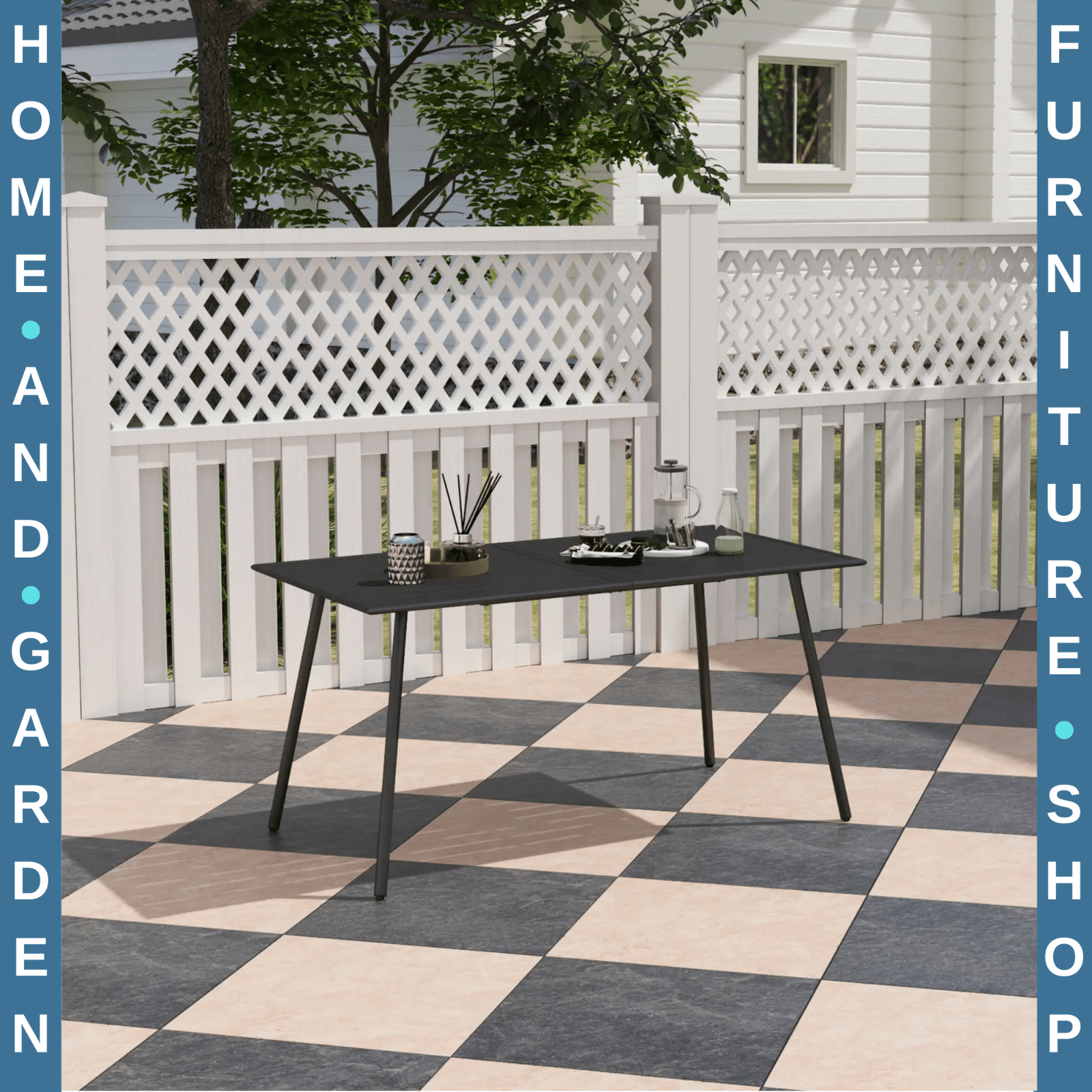 Metal Outdoor Table Black Garden Dining Table for 6 People Slat Top Steel Frame - Home and Garden Furniture Shop - rustic - furniture