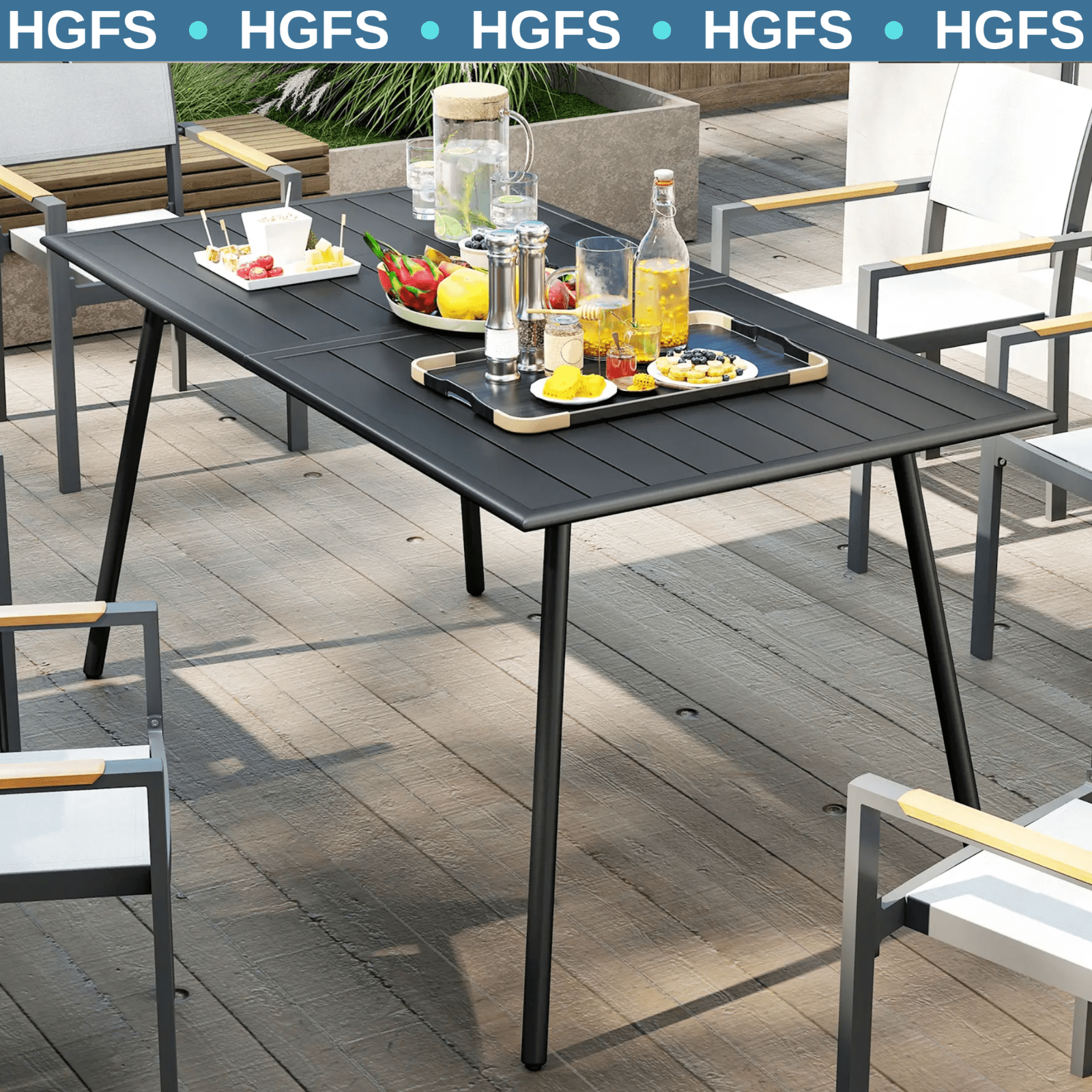 Metal Outdoor Table Black Garden Dining Table for 6 People Slat Top Steel Frame - Home and Garden Furniture Shop - rustic - furniture