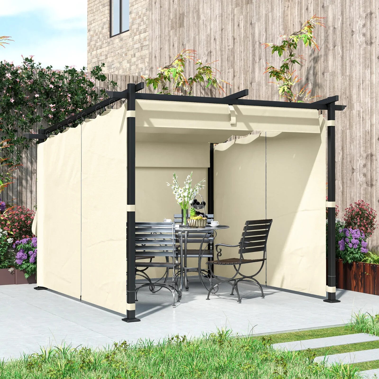 Metal Pergola 3 x 3 m Garden Gazebo Heavy Duty Frame Roof and Sidewall Sun Shade - Home and Garden Furniture Shop - rustic - furniture