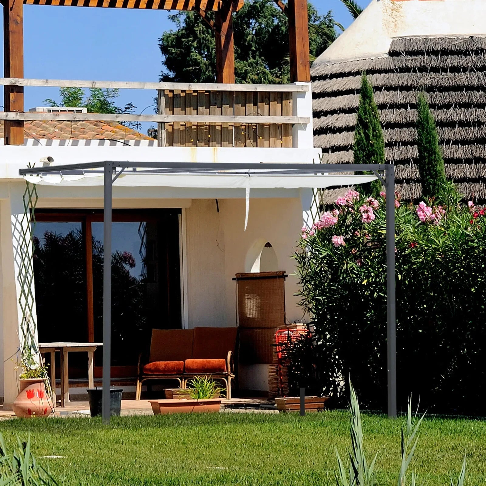 Metal Pergola Gazebo with Retractable Canopy Wall Mounted Garden Patio Shelter - Home and Garden Furniture Shop - rustic - furniture