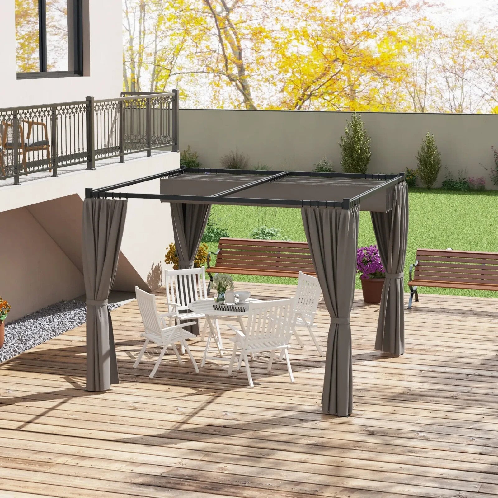 Metal Pergola Retractable Roof and Sides Curtains Outdoor Patio Garden Shelter - Home and Garden Furniture Shop - rustic - furniture