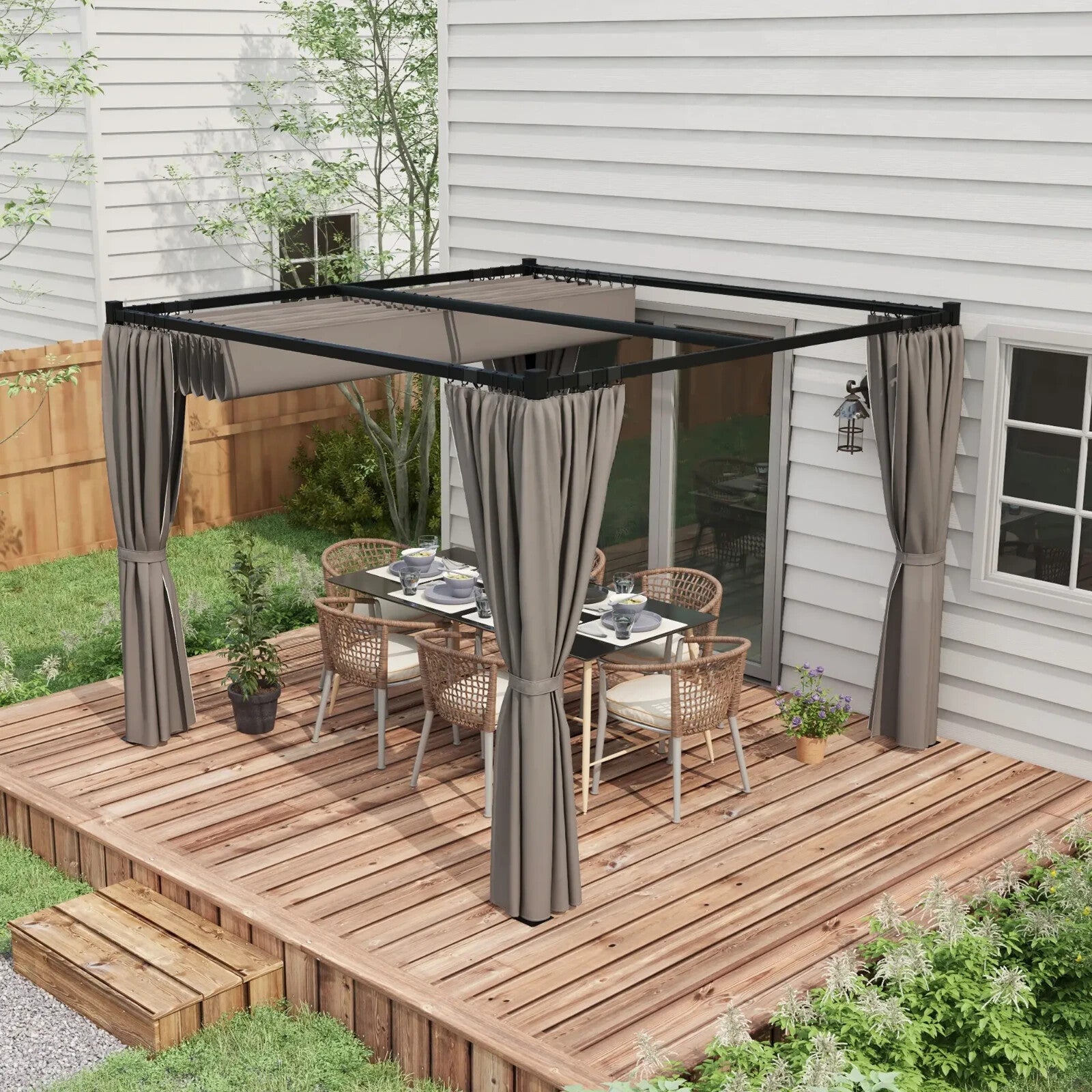 Metal Pergola Retractable Roof and Sides Curtains Outdoor Patio Garden Shelter - Home and Garden Furniture Shop - rustic - furniture