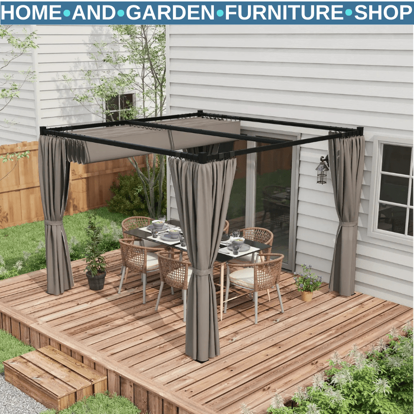 Metal Pergola Retractable Roof and Sides Curtains Outdoor Patio Garden Shelter - Home and Garden Furniture Shop - rustic - furniture