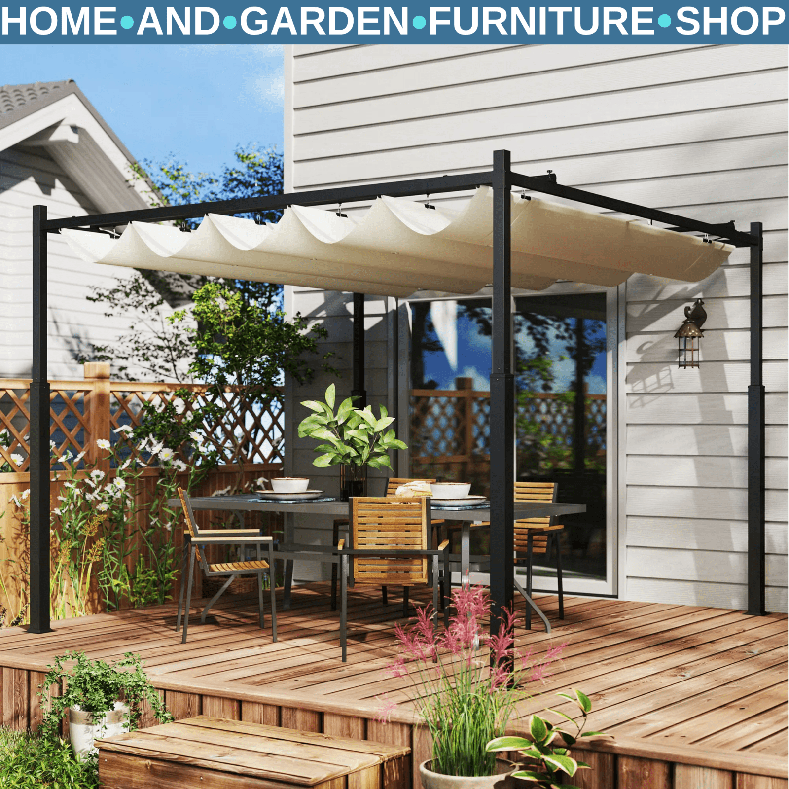 Metal Pergola Retractable Roof Canopy 3 x 3m Garden Gazebo Shelter Heavy Duty - Home and Garden Furniture Shop - rustic - furniture