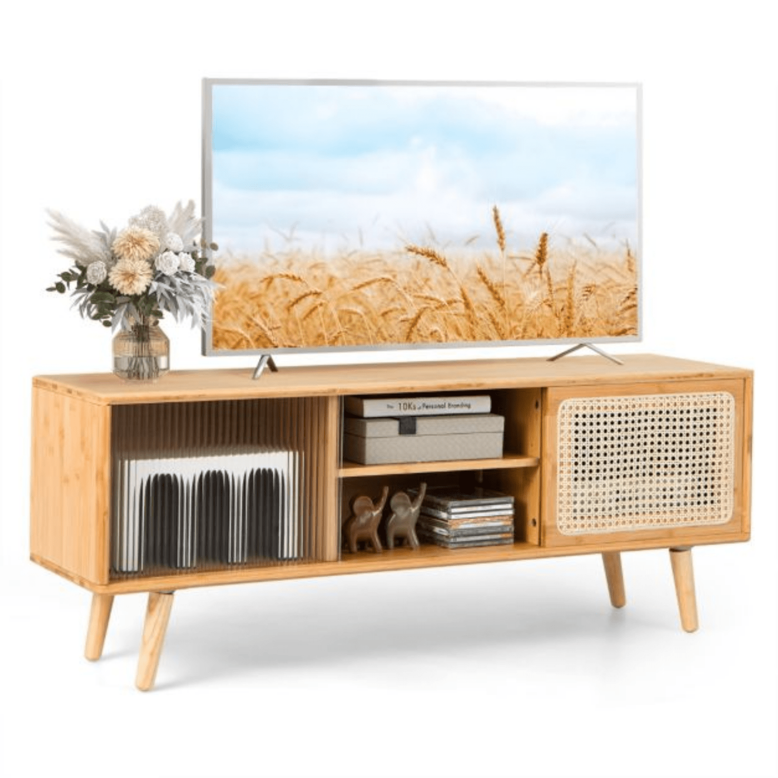 Mid Century Wooden TV Stand Unit Bamboo TV Table Entertainment Center Wood Door - Home and Garden Furniture Shop - #rustic - furniture#