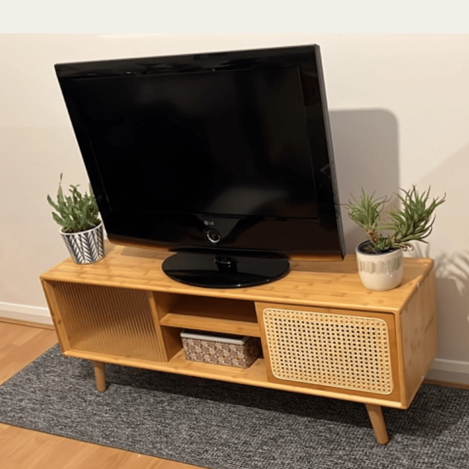 Mid Century Wooden TV Stand Unit Bamboo TV Table Entertainment Center Wood Door - Home and Garden Furniture Shop - #rustic - furniture#