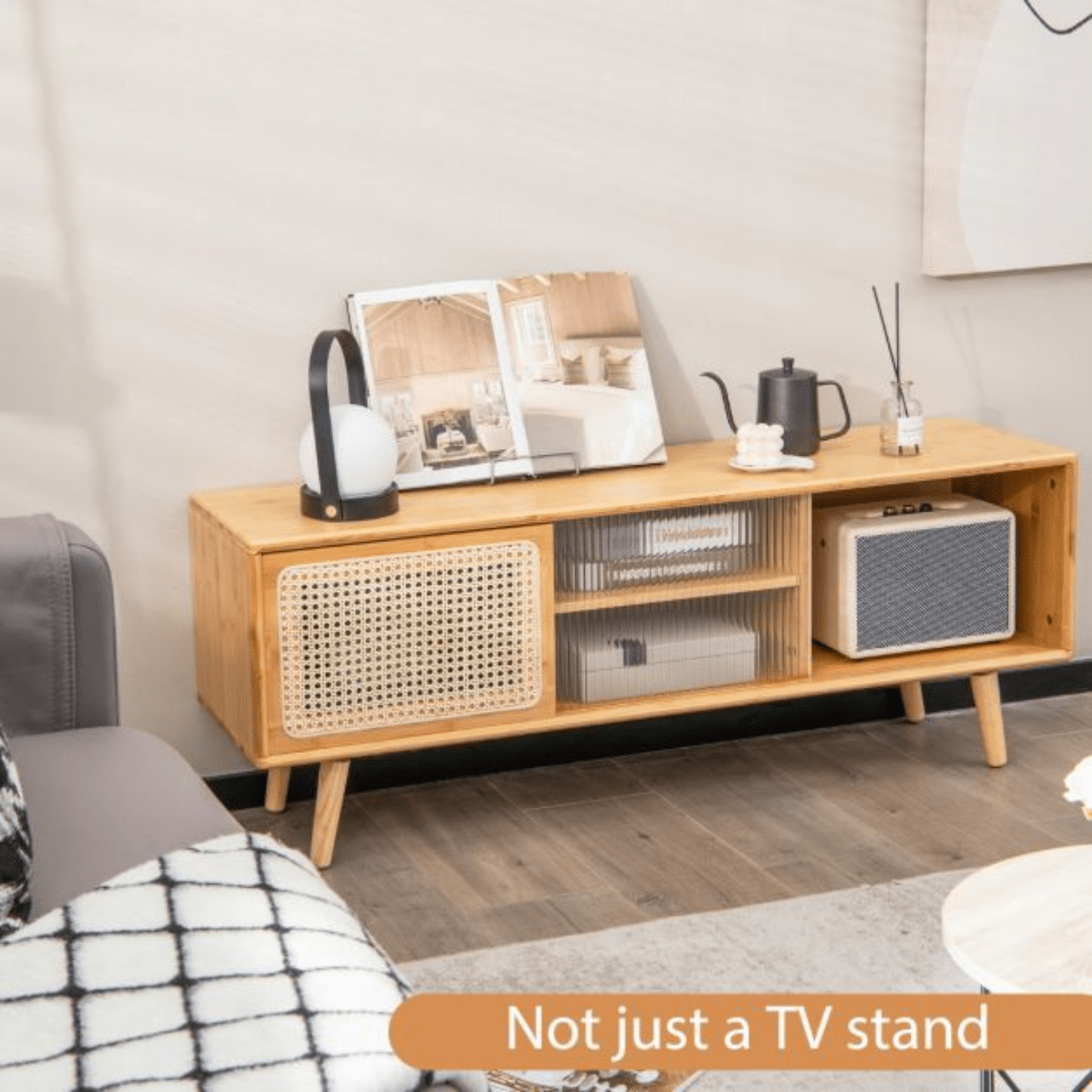 Mid Century Wooden TV Stand Unit Bamboo TV Table Entertainment Center Wood Door - Home and Garden Furniture Shop - #rustic - furniture#