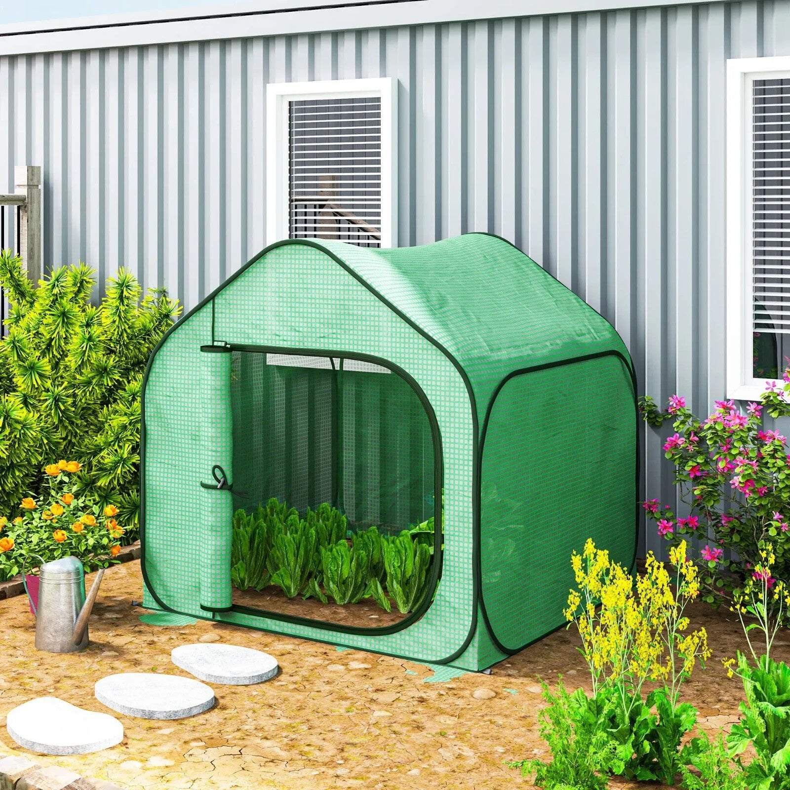 Mini Pop - Up Greenhouse with 150 x 148cm Reinforced PE Cover and Zipper Door - Home and Garden Furniture Shop - rustic - furniture