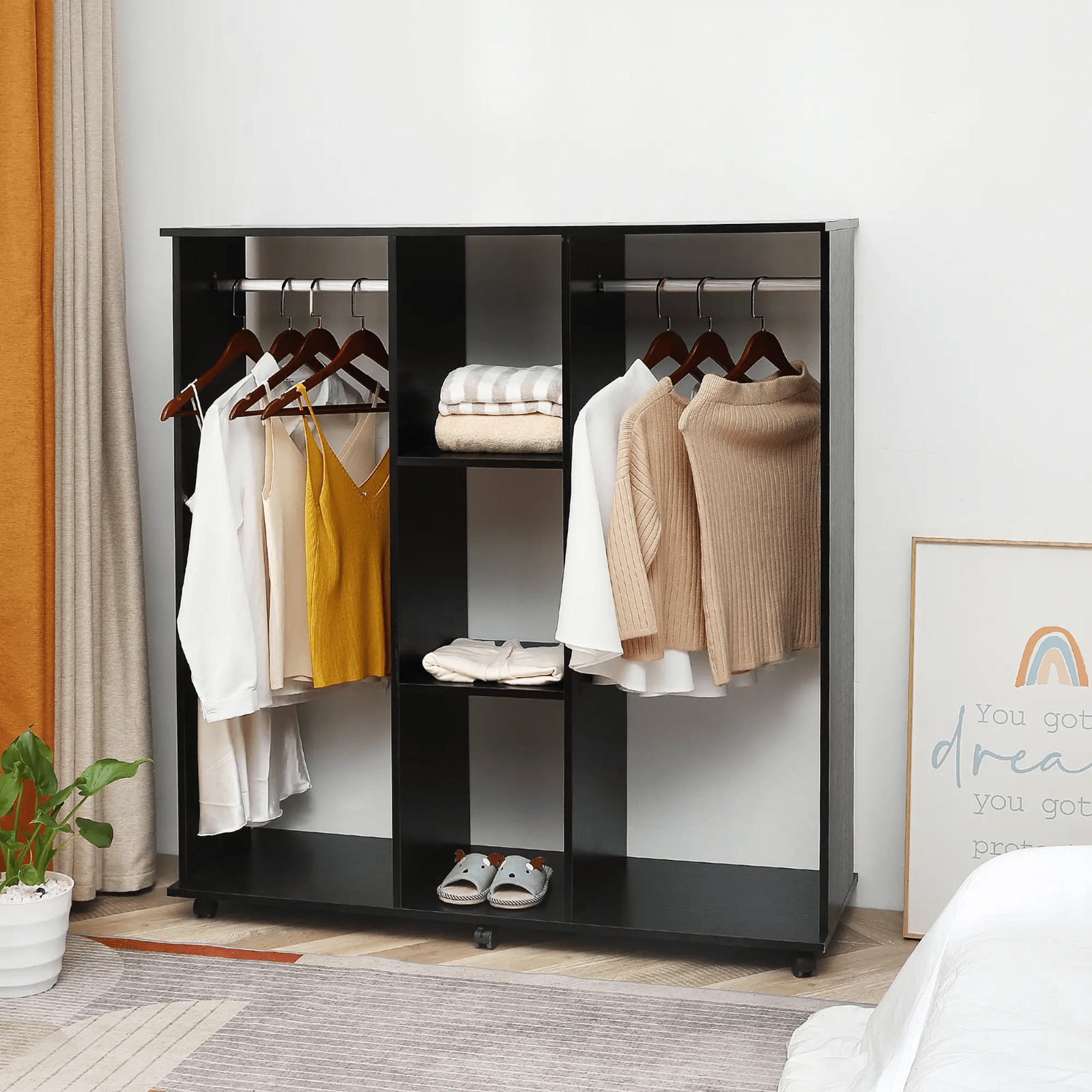 Mobile Open Wardrobe Clothes Hanging Rail Storage Shelves Metal Rail on 6 Wheels - Home and Garden Furniture Shop - rustic - furniture