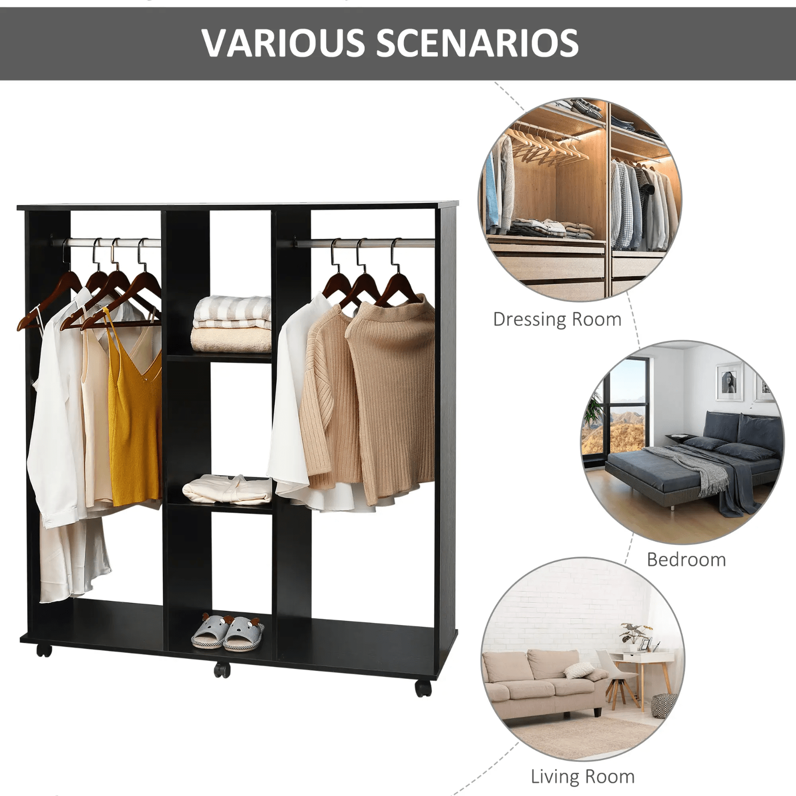 Mobile Open Wardrobe Clothes Hanging Rail Storage Shelves Metal Rail on 6 Wheels - Home and Garden Furniture Shop - rustic - furniture