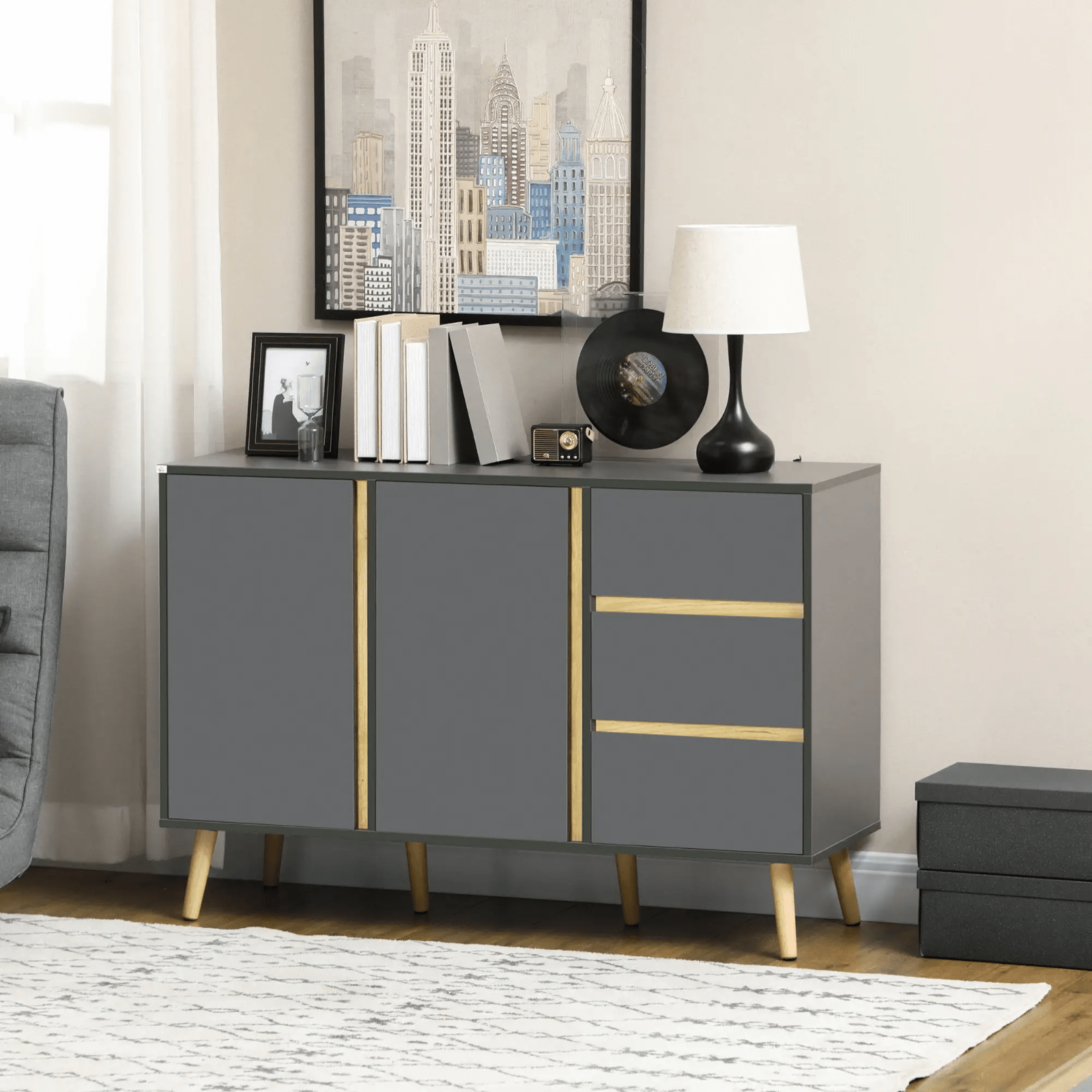 Modern Sideboard Storage Cupboard Double Doors 3 Drawers Kitchen Cabinet Grey - Home and Garden Furniture Shop - #rustic - furniture#