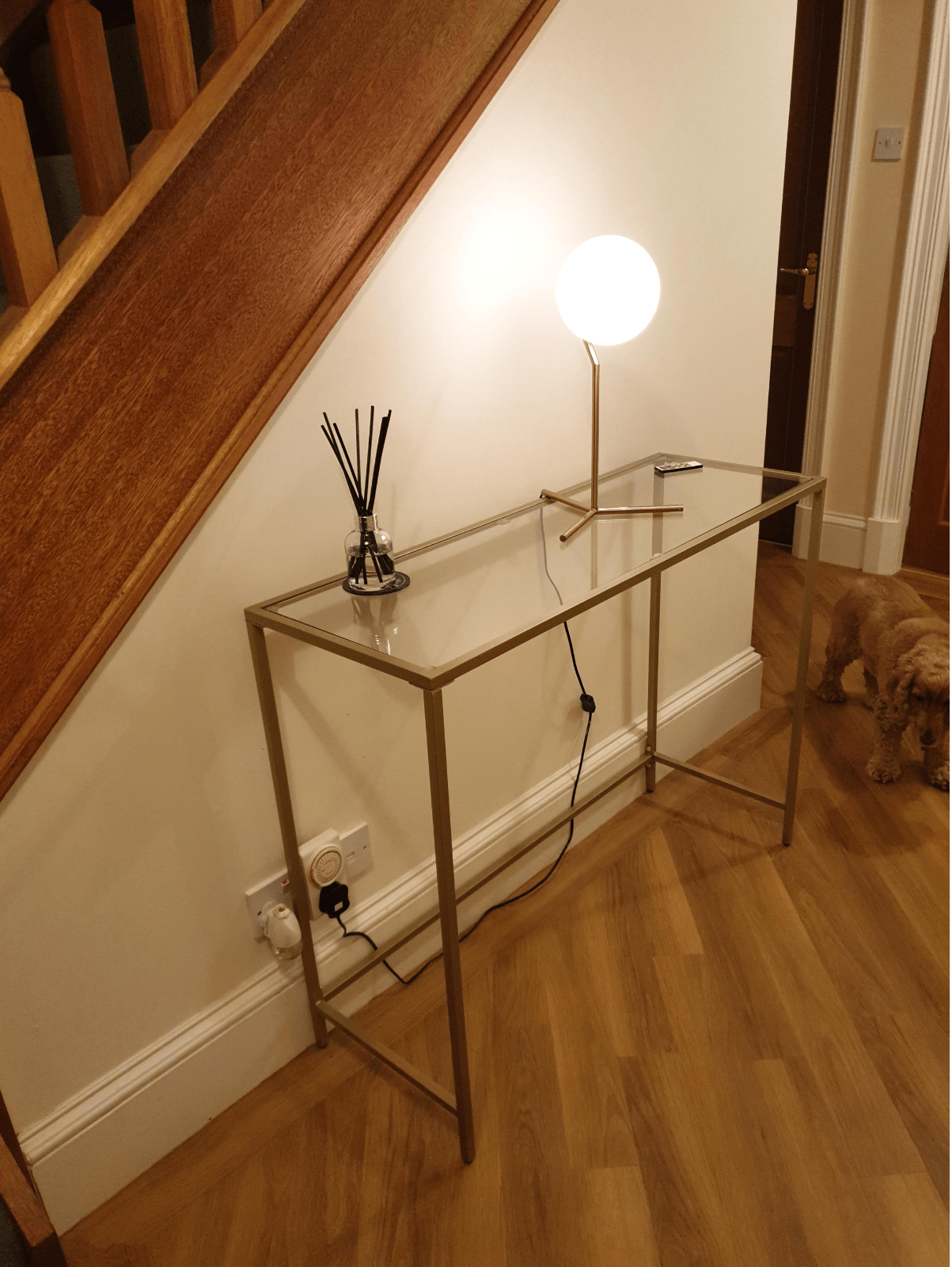 Modern Slim Gold Console Table, Narrow Legs, Tempered Glass, Metal Frame, Shelf - Home and Garden Furniture Shop - rustic - furniture