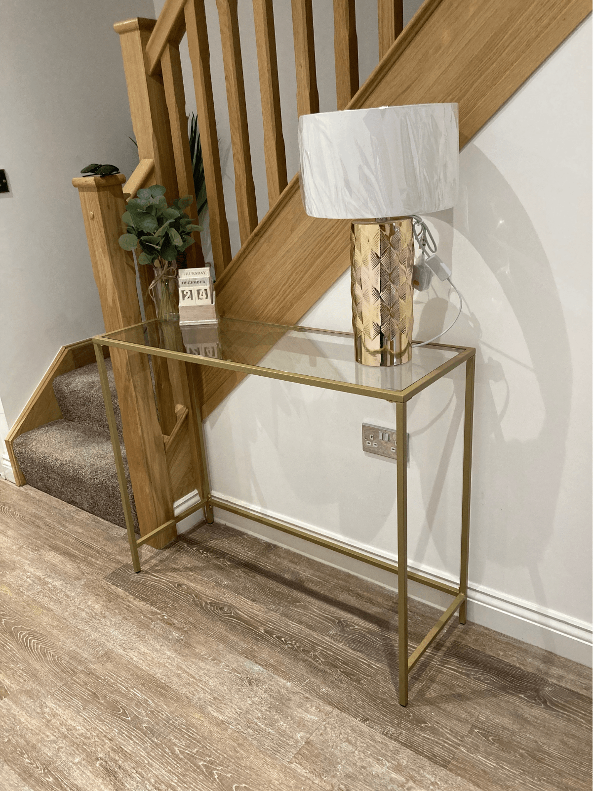 Modern Slim Gold Console Table, Narrow Legs, Tempered Glass, Metal Frame, Shelf - Home and Garden Furniture Shop - rustic - furniture