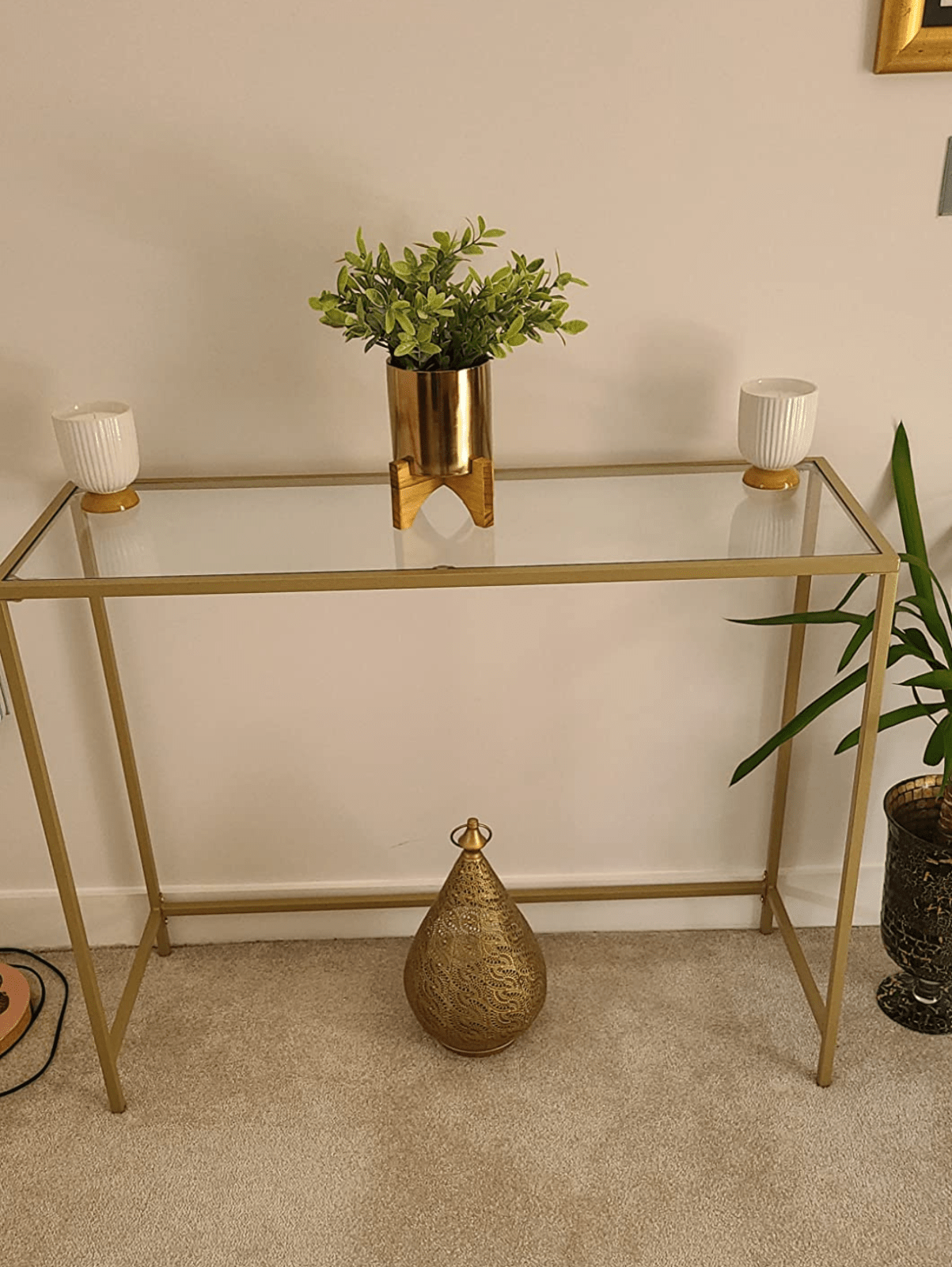 Modern Slim Gold Console Table, Narrow Legs, Tempered Glass, Metal Frame, Shelf - Home and Garden Furniture Shop - rustic - furniture