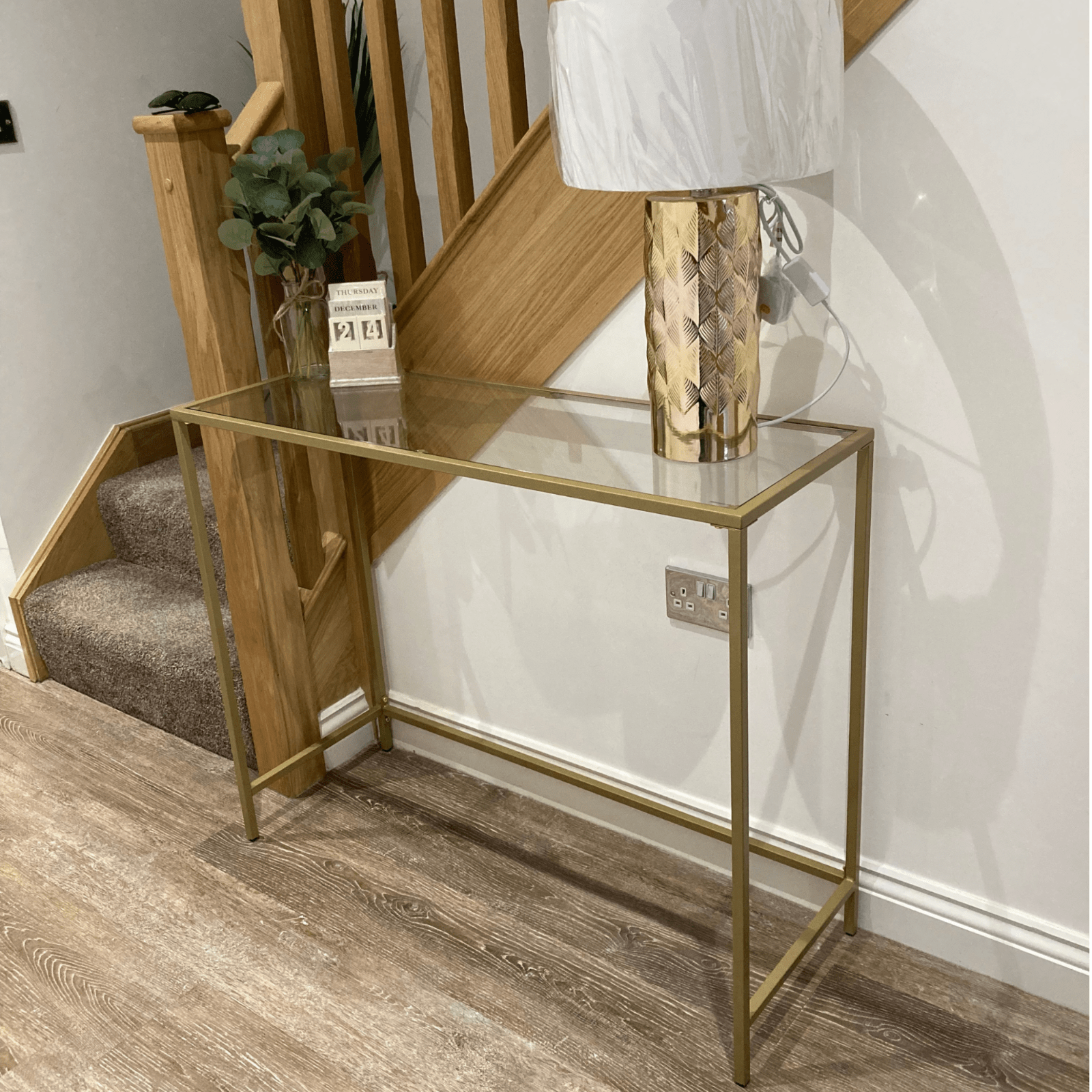 Modern Slim Gold Console Table, Narrow Legs, Tempered Glass, Metal Frame, Shelf - Home and Garden Furniture Shop - rustic - furniture