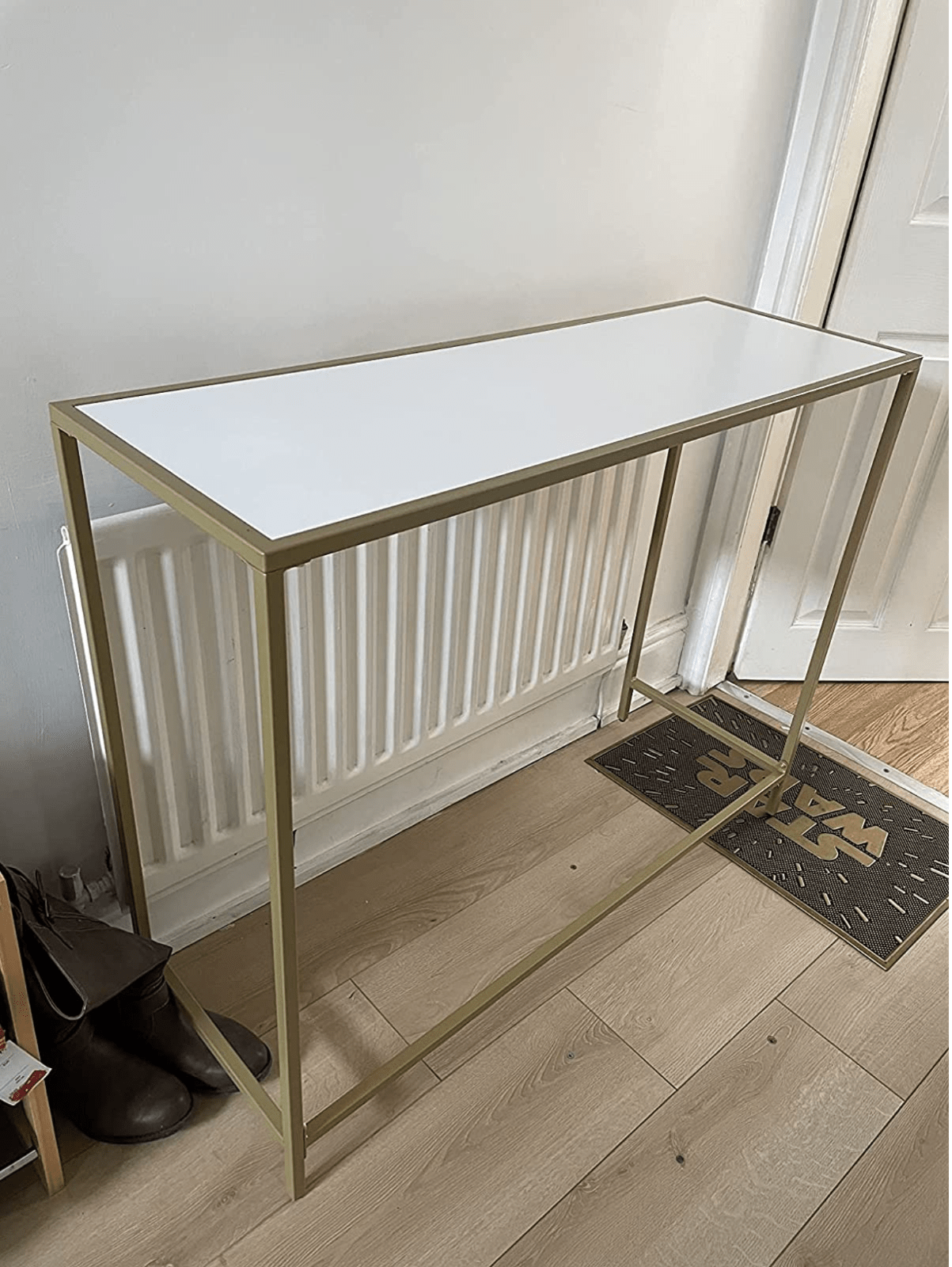 Modern Slim Gold Console Table, Narrow Legs, Tempered Glass, Metal Frame, Shelf - Home and Garden Furniture Shop - rustic - furniture