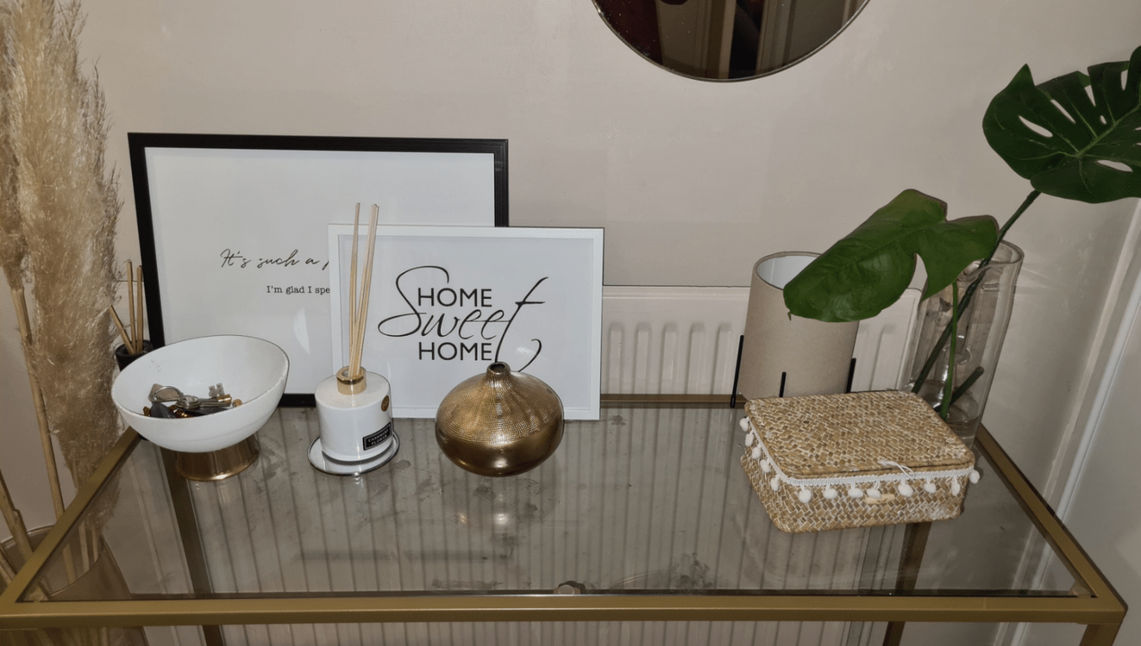 Modern Slim Gold Console Table, Narrow Legs, Tempered Glass, Metal Frame, Shelf - Home and Garden Furniture Shop - rustic - furniture