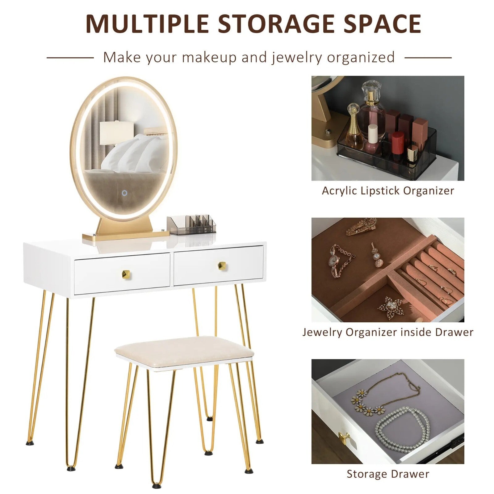 Modern Vanity Dressing Table Set Stool 2 Drawers LED Mirror Makeup Desk Metal - Home and Garden Furniture Shop - rustic - furniture