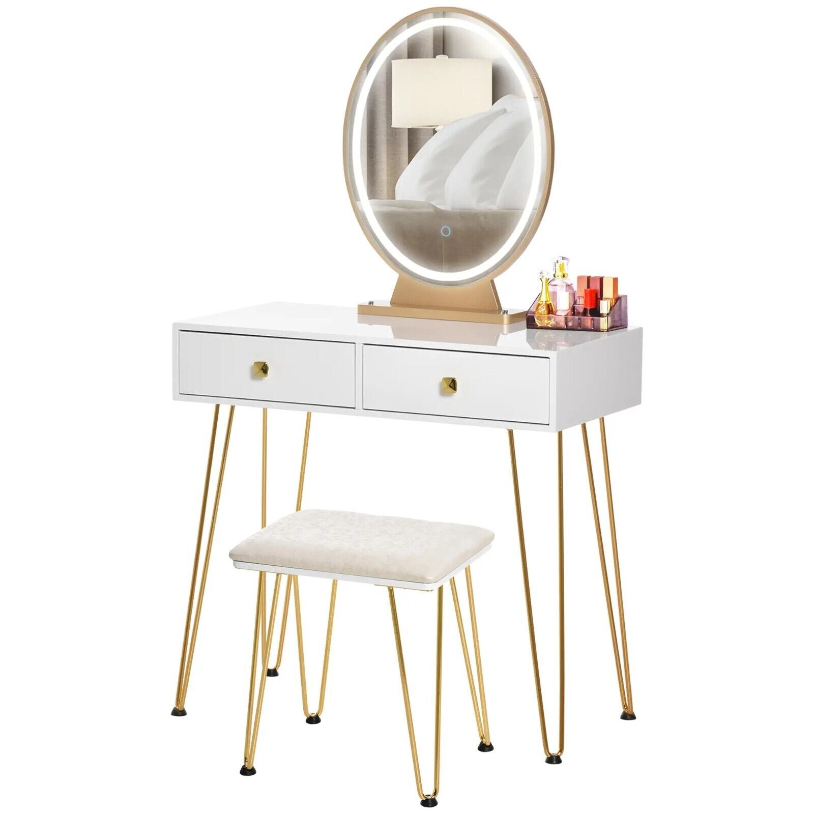 Modern Vanity Dressing Table Set Stool 2 Drawers LED Mirror Makeup Desk Metal - Home and Garden Furniture Shop - #rustic - furniture#