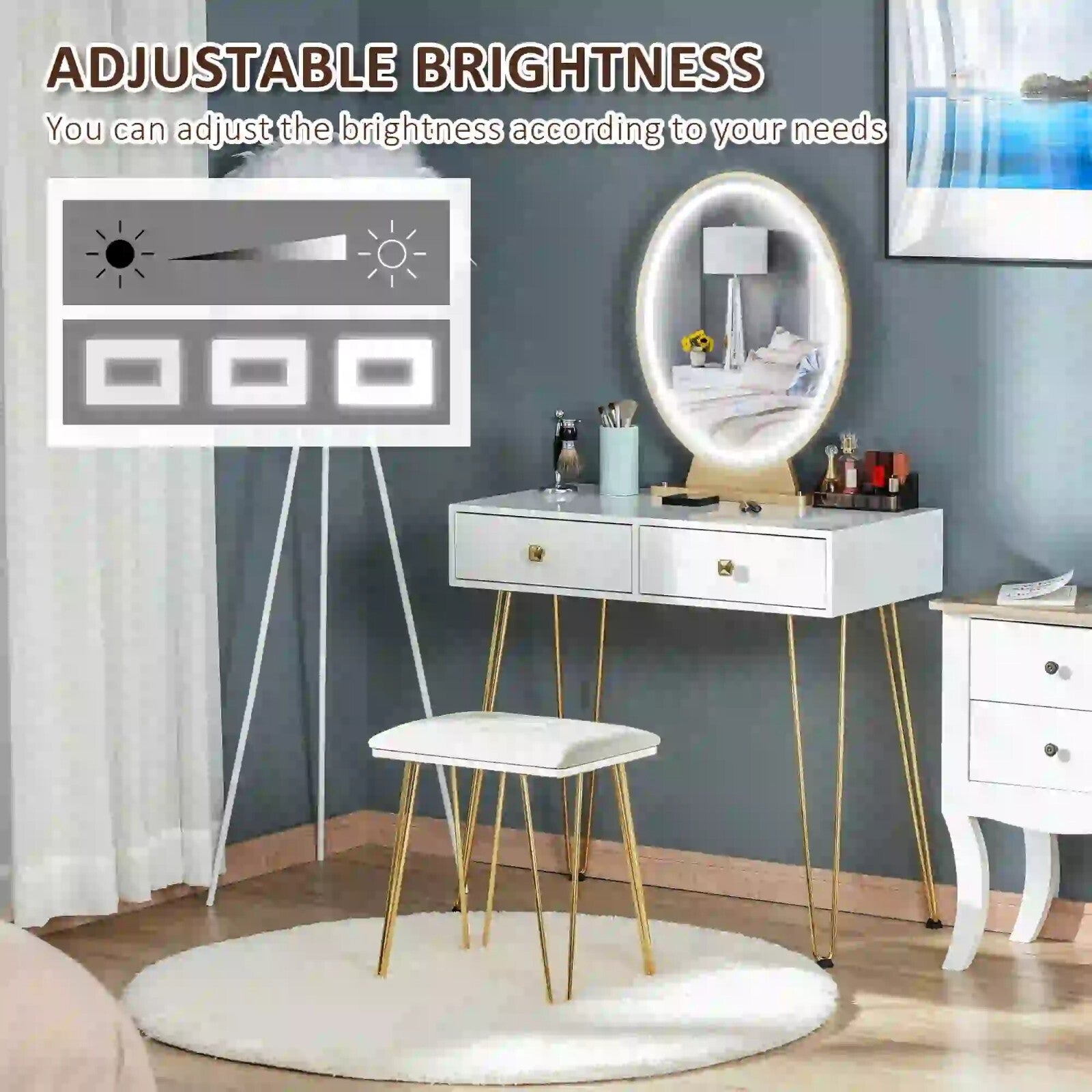 Modern Vanity Dressing Table Set Stool 2 Drawers LED Mirror Makeup Desk Metal - Home and Garden Furniture Shop - rustic - furniture