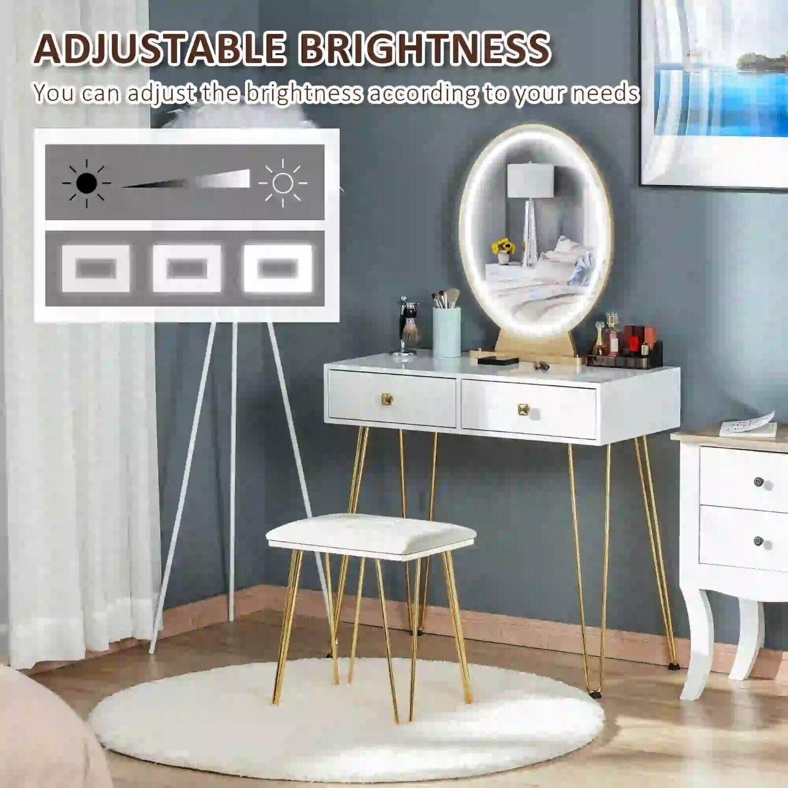 Modern Vanity Dressing Table Set Stool 2 Drawers LED Mirror Makeup Desk Metal - Home and Garden Furniture Shop - #rustic - furniture#