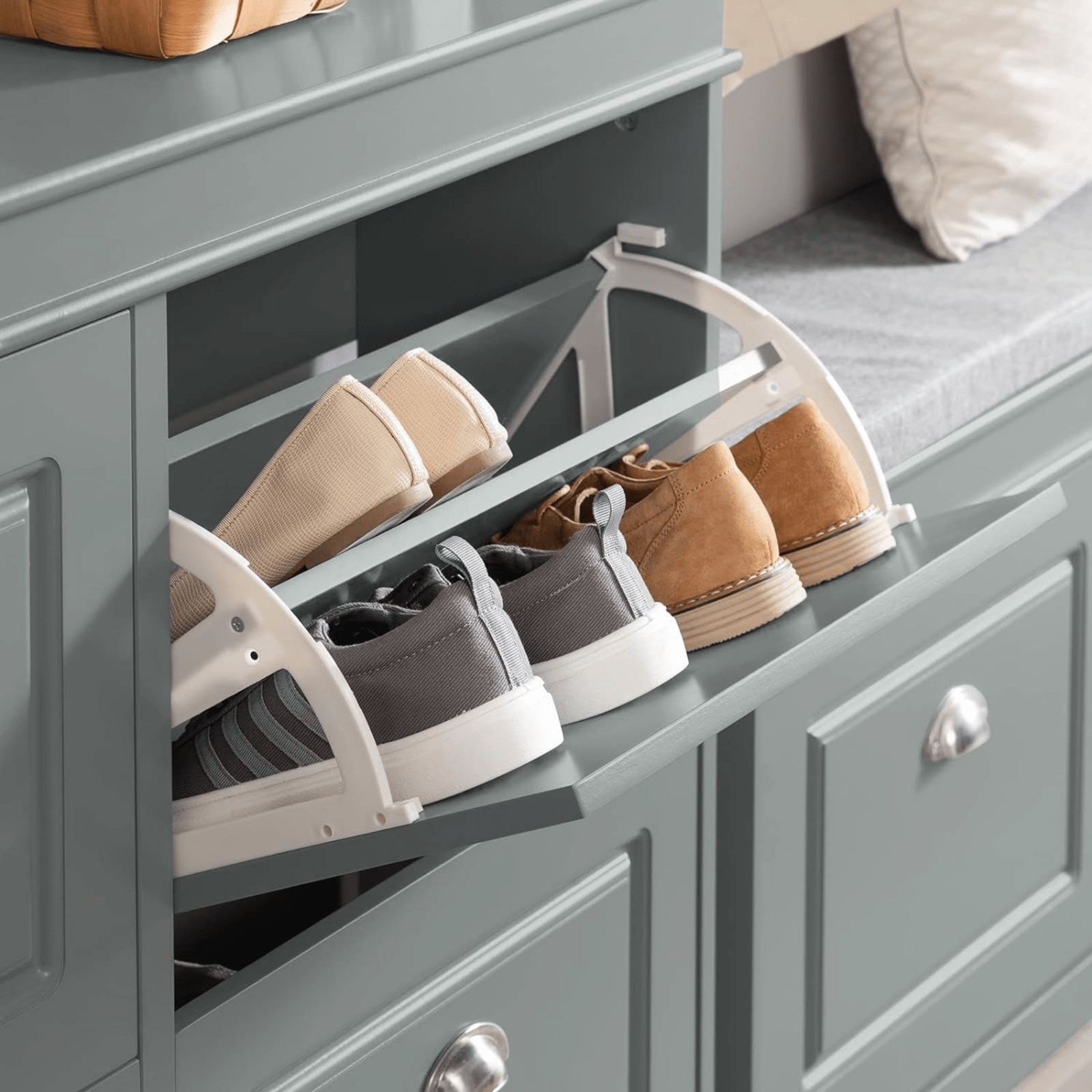 Narrow 4 Flip Drawers Shoe Cabinet Grey Slim Hallway Shoe Storage Cupboard Unit - Home and Garden Furniture Shop - #rustic - furniture#