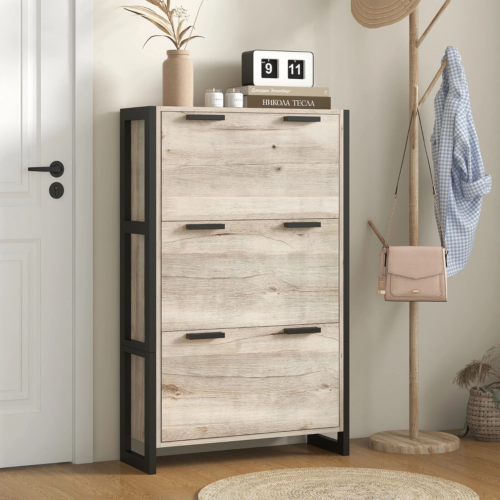 Narrow Shoe Cabinet 3 Drawers 18 Pairs Slim Shoe Storage Cupboard 3 Flip Doors - Home and Garden Furniture Shop - rustic - furniture