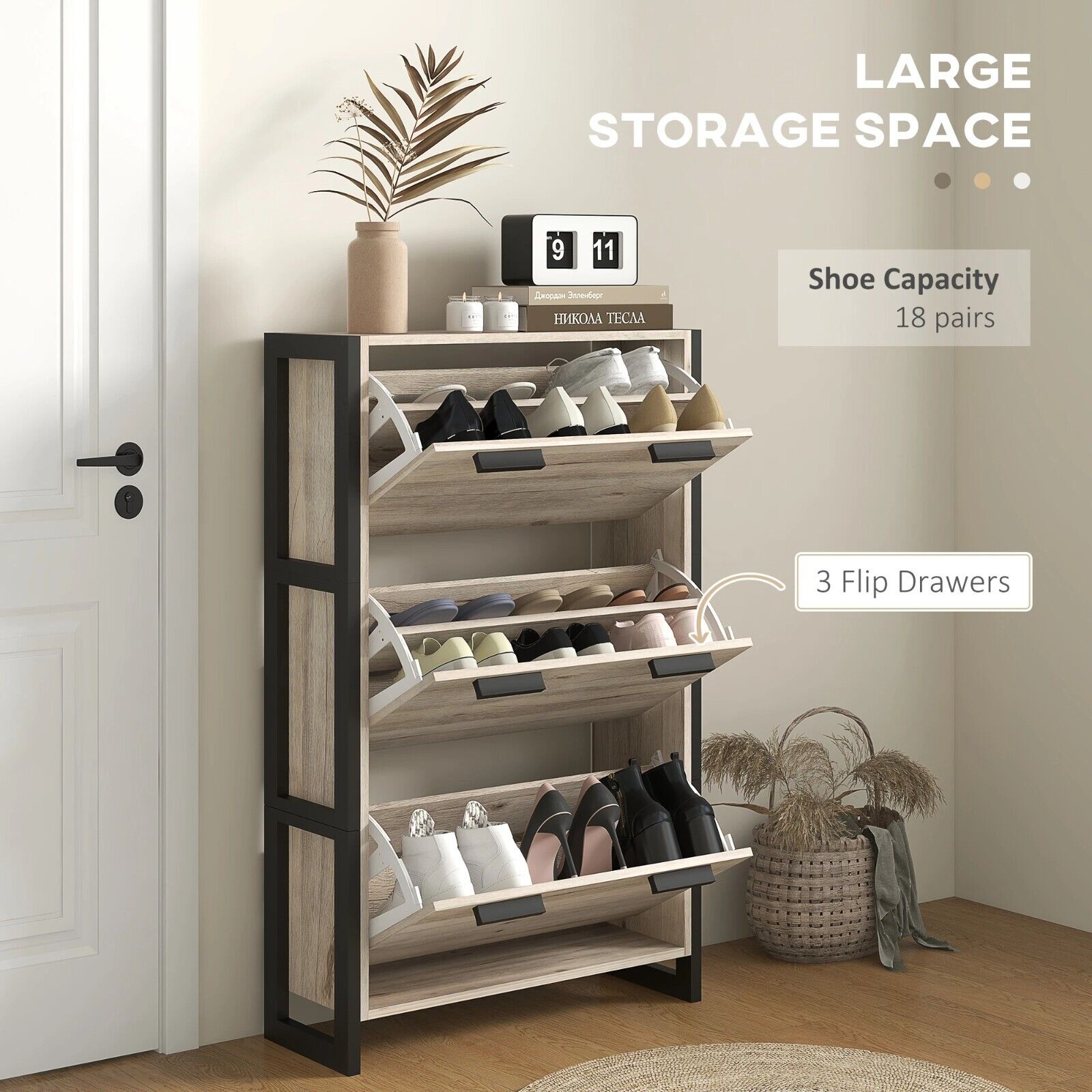 Narrow Shoe Cabinet 3 Drawers 18 Pairs Slim Shoe Storage Cupboard 3 Flip Doors - Home and Garden Furniture Shop - #rustic - furniture#