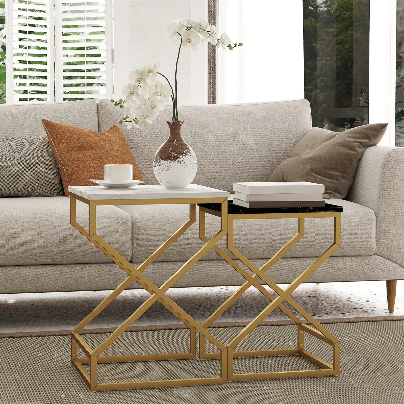 Nest Of Tables Coffee Table Set Steel Gold Frame Black White Living Room Tables - Home and Garden Furniture Shop - rustic - furniture
