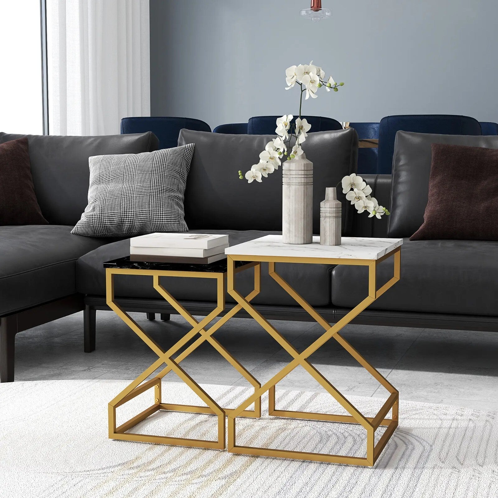 Nest Of Tables Coffee Table Set Steel Gold Frame Black White Living Room Tables - Home and Garden Furniture Shop - rustic - furniture