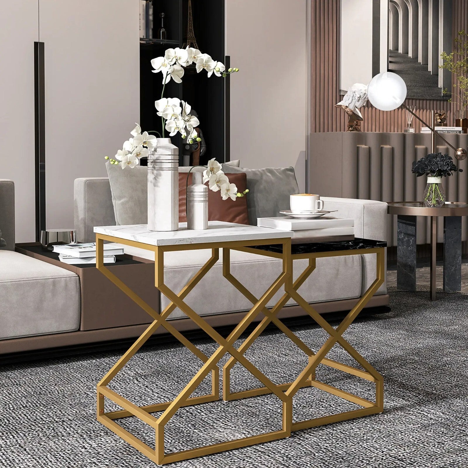 Nest Of Tables Coffee Table Set Steel Gold Frame Black White Living Room Tables - Home and Garden Furniture Shop - rustic - furniture