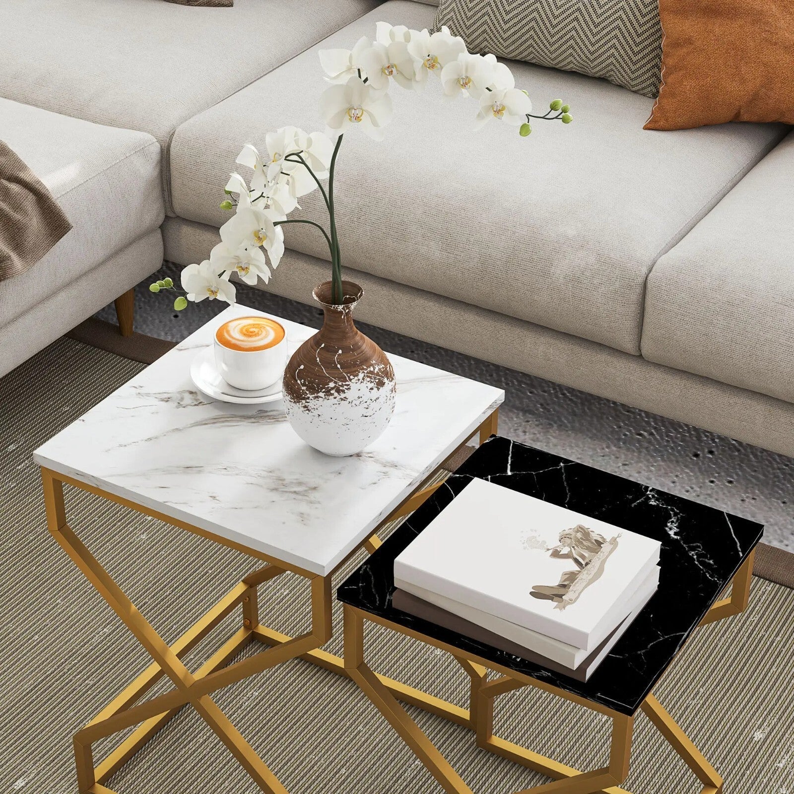 Nest Of Tables Coffee Table Set Steel Gold Frame Black White Living Room Tables - Home and Garden Furniture Shop - rustic - furniture