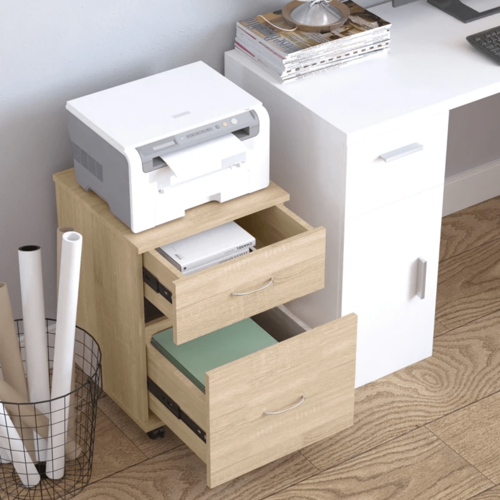 Oak 2 Drawer File Cabinet Pedestal Office Mobile Wooden Storage Office Filing - Home and Garden Furniture Shop - rustic - furniture