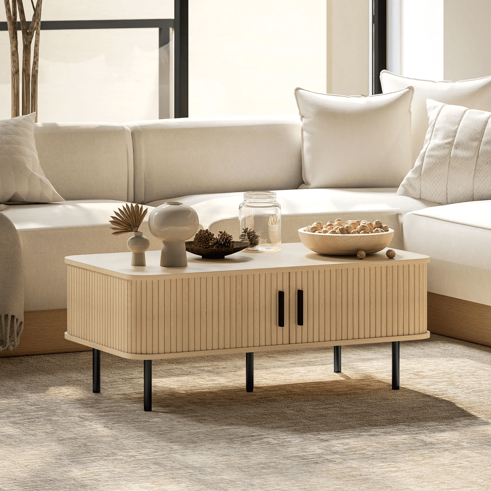 Oak Wooden Effect Coffee Table with Storage Sliding Doors Living Room Side Table - Home and Garden Furniture Shop - #rustic - furniture#