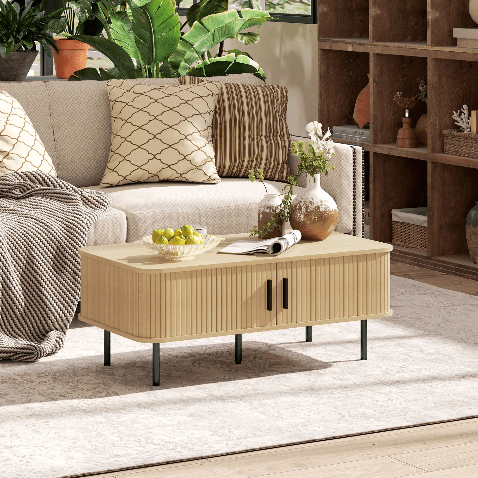 Oak Wooden Effect Coffee Table with Storage Sliding Doors Living Room Side Table - Home and Garden Furniture Shop - #rustic - furniture#