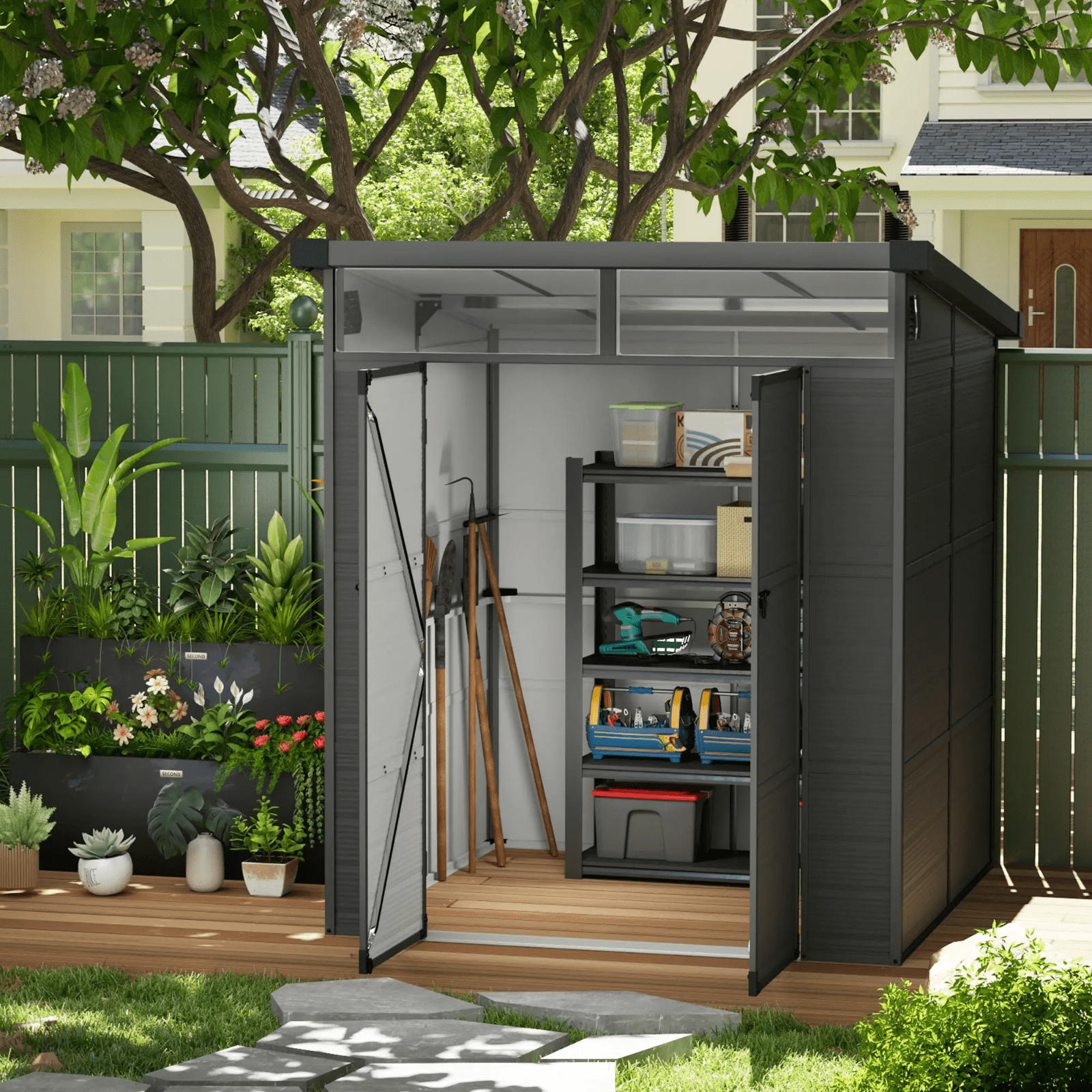 Outdoor Garden Shed with Windows Double Door Tool Shed Patio Storage Shed 6 x6ft - Home and Garden Furniture Shop - #rustic - furniture#