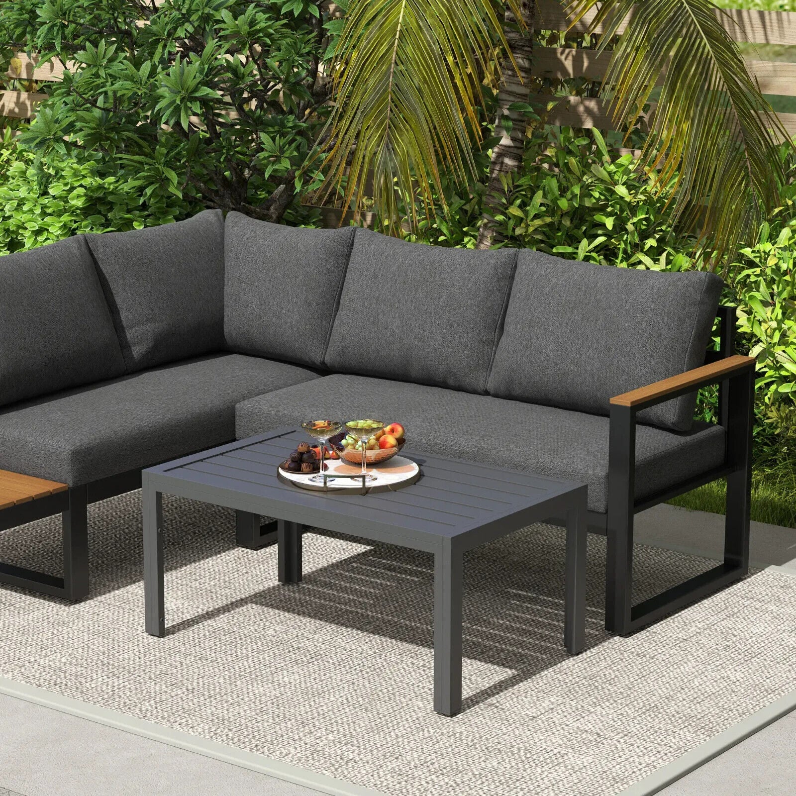 Outdoor Garden Side Table with Adjustable Pads Steel Frame and Slat Tabletop - Home and Garden Furniture Shop - #rustic - furniture#