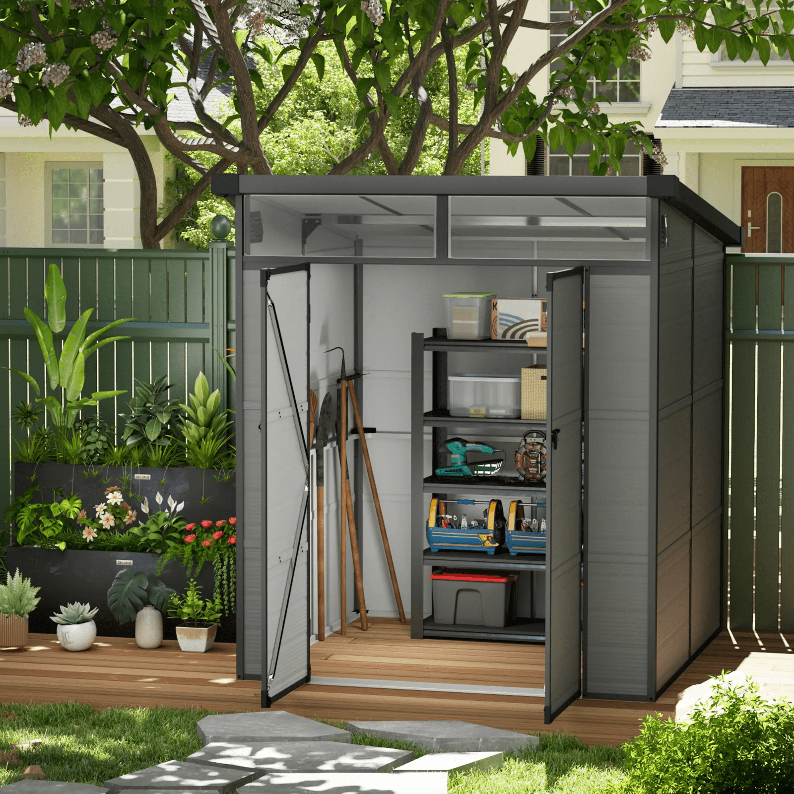 Outdoor Garden Tool Shed with Windows Double Door Patio Outhouse Storage 6 x6ft - Home and Garden Furniture Shop - rustic - furniture