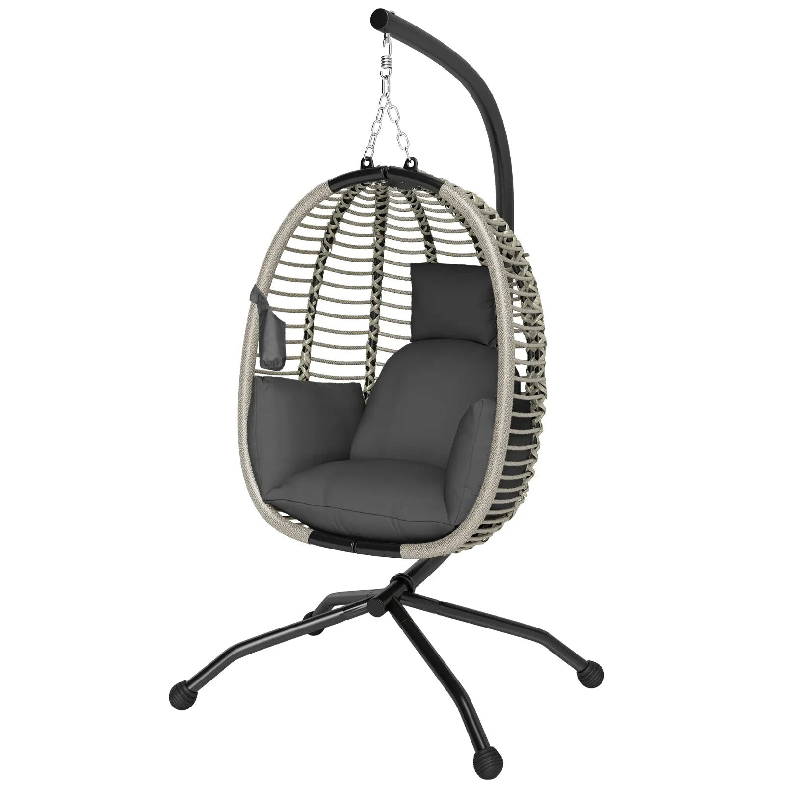 Outdoor Hanging Swing Chair w/ Cushion Foldable Basket & Metal Stand for Garden - Home and Garden Furniture Shop - rustic - furniture