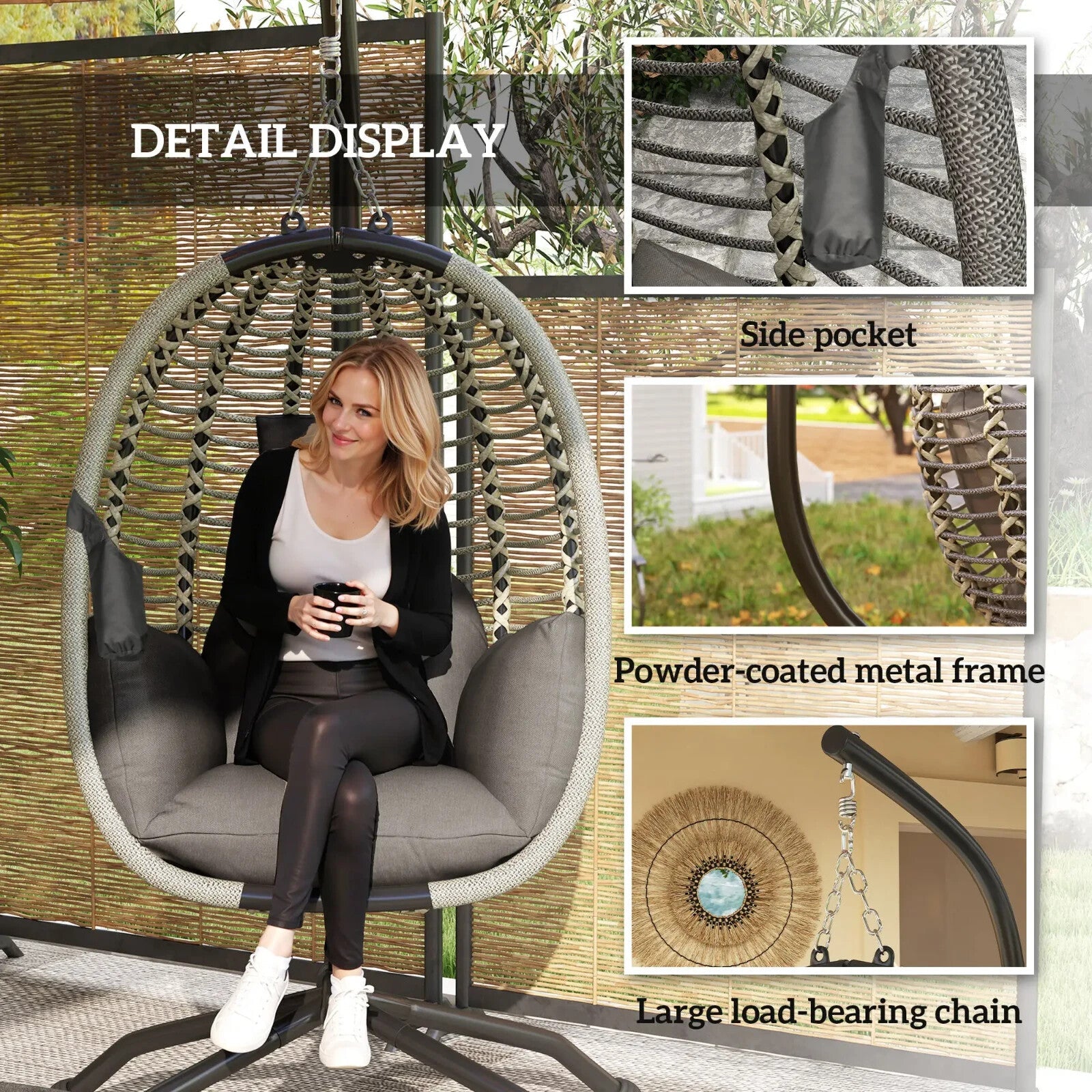 Outdoor Hanging Swing Chair w/ Cushion Foldable Basket & Metal Stand for Garden - Home and Garden Furniture Shop - rustic - furniture