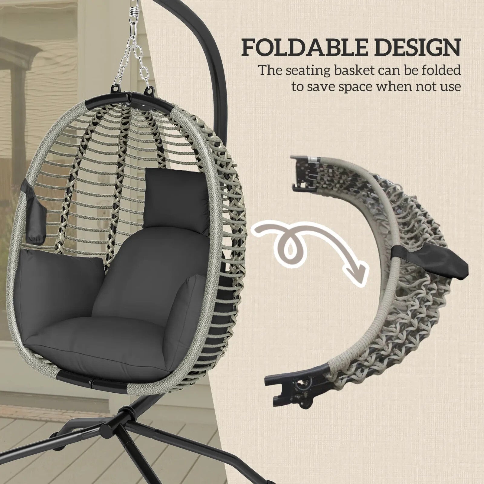 Outdoor Hanging Swing Chair w/ Cushion Foldable Basket & Metal Stand for Garden - Home and Garden Furniture Shop - rustic - furniture