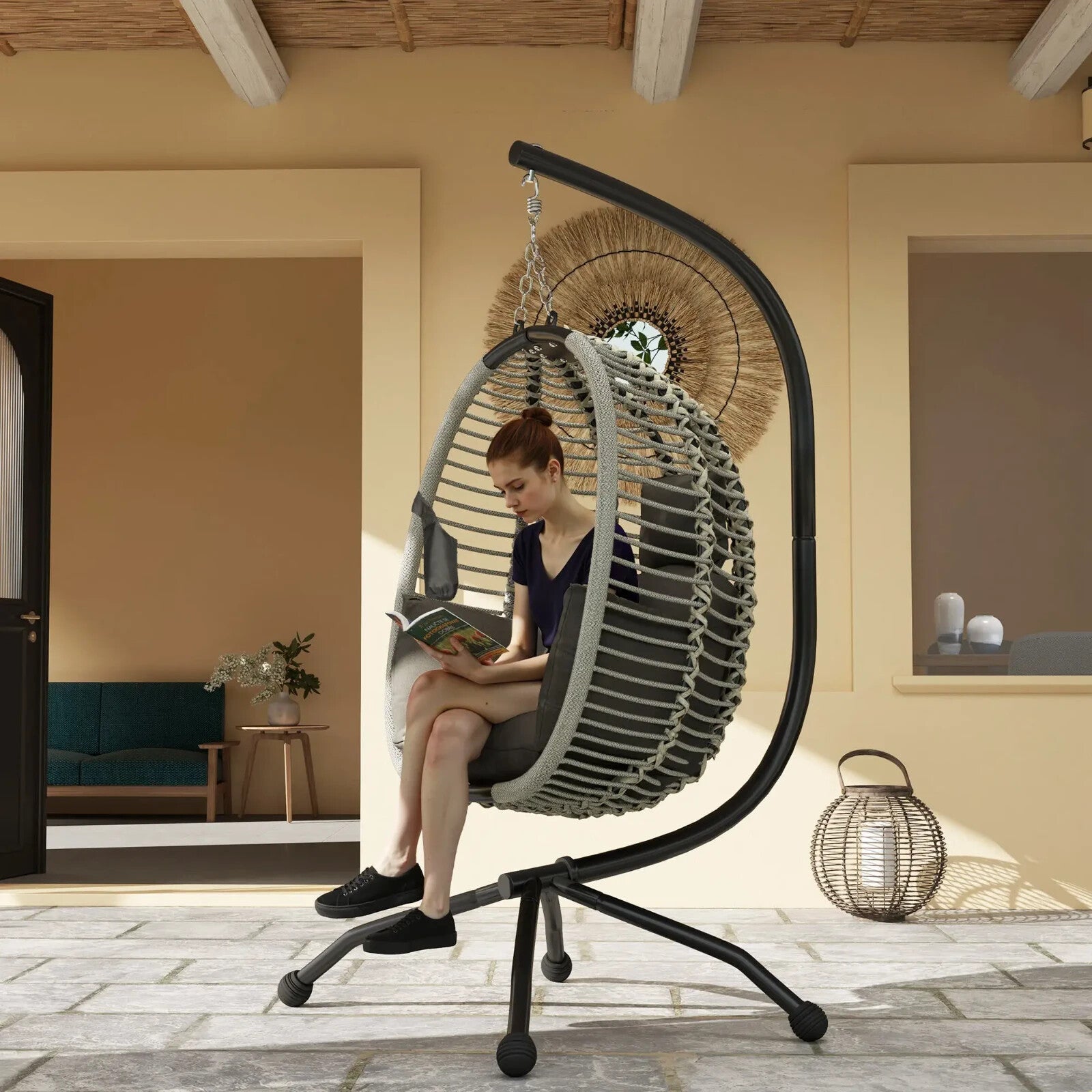 Outdoor Hanging Swing Chair w/ Cushion Foldable Basket & Metal Stand for Garden - Home and Garden Furniture Shop - rustic - furniture