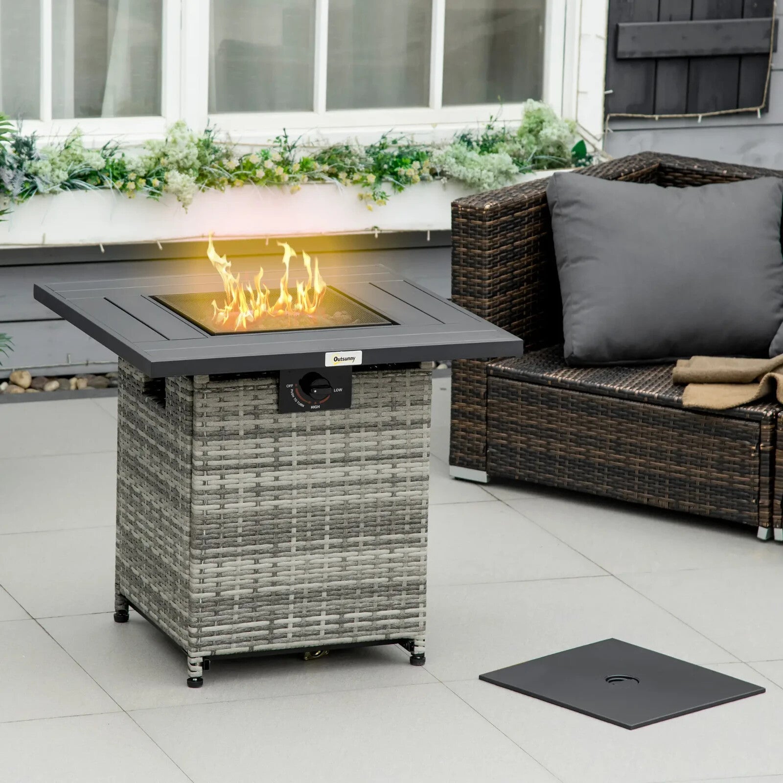 Outdoor Rattan Gas Fire Pit Table Propane Heater with Rain Cover 40000 BTU Grey - Home and Garden Furniture Shop - rustic - furniture