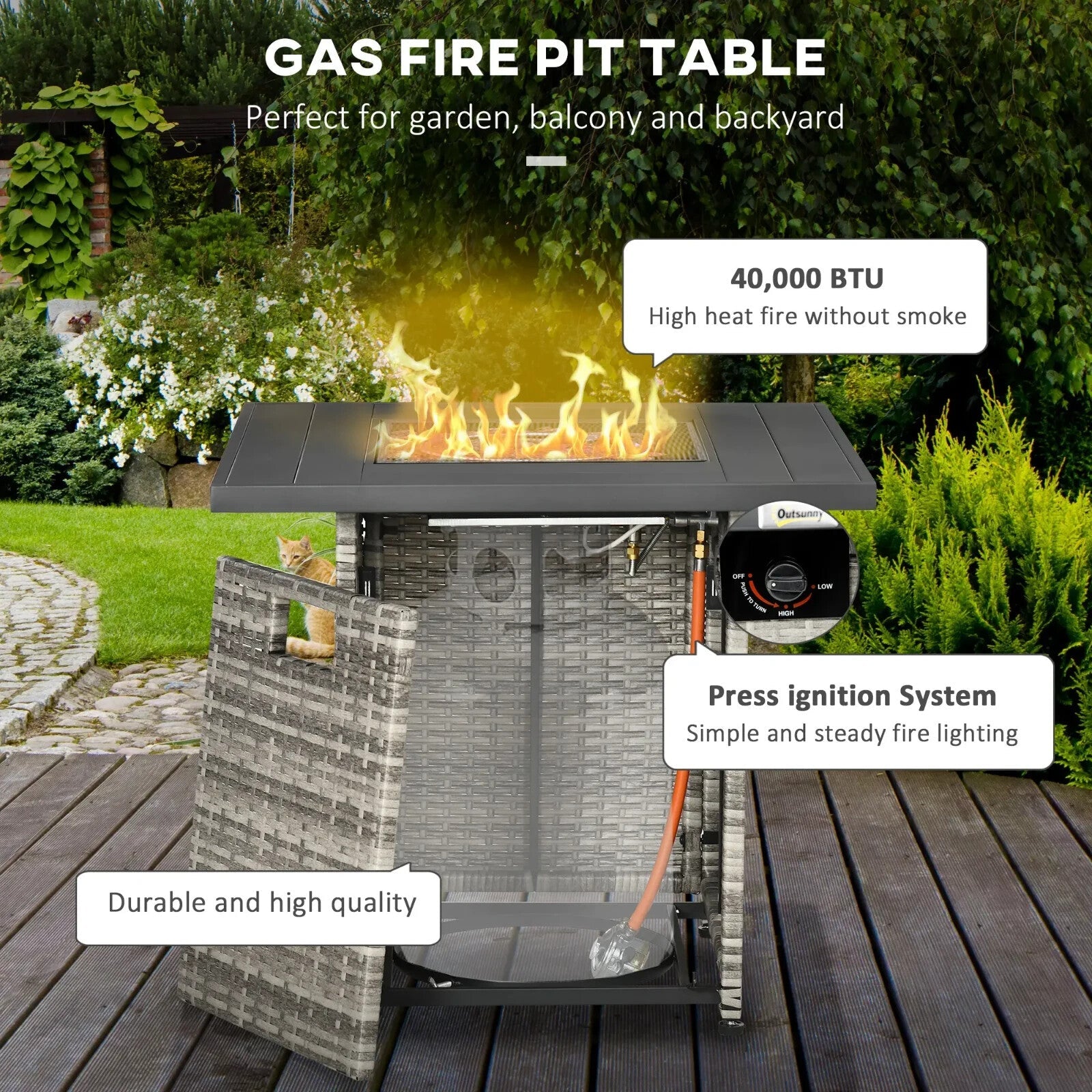 Outdoor Rattan Gas Fire Pit Table Propane Heater with Rain Cover 40000 BTU Grey - Home and Garden Furniture Shop - rustic - furniture