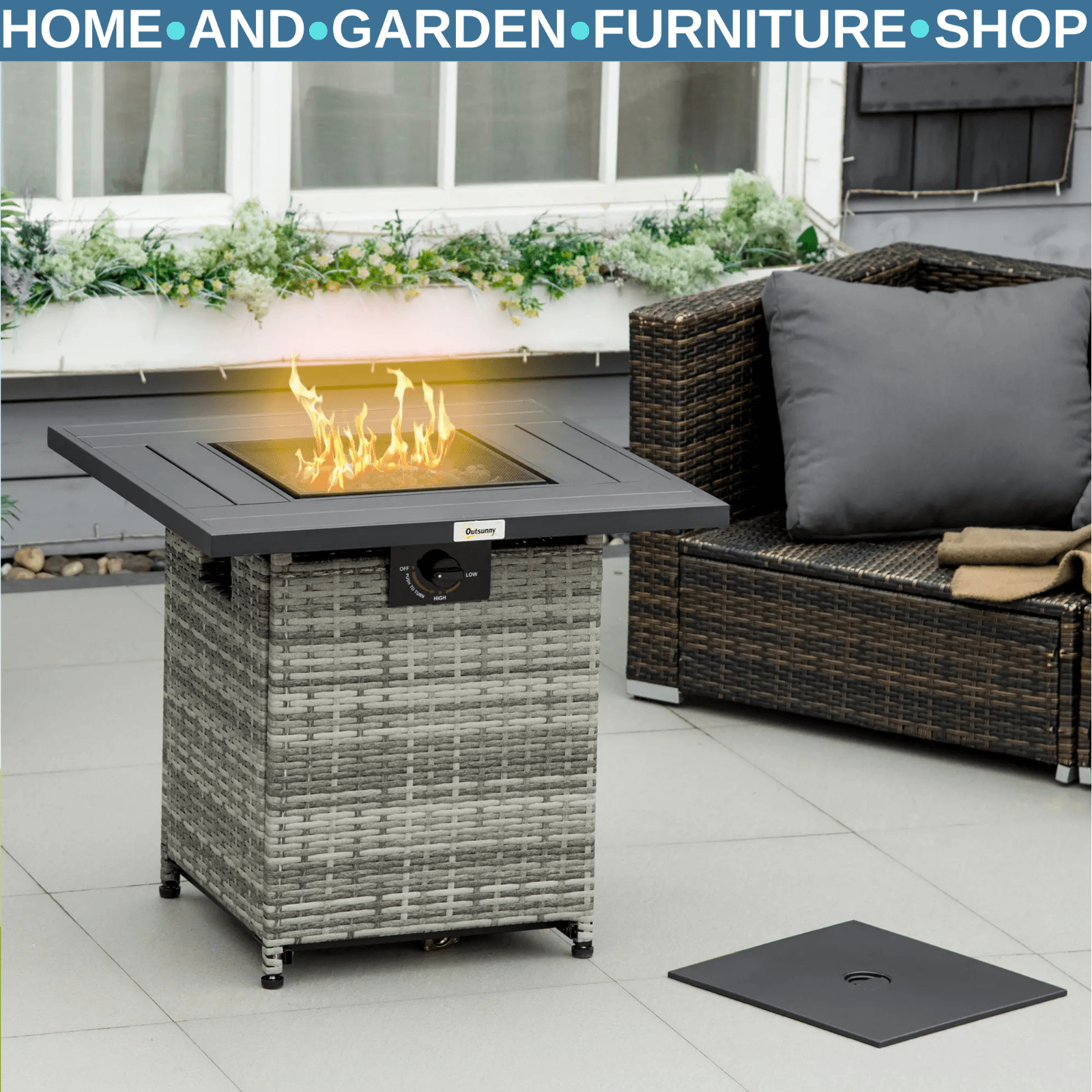 Outdoor Rattan Gas Fire Pit Table Propane Heater with Rain Cover 40000 BTU Grey - Home and Garden Furniture Shop - rustic - furniture