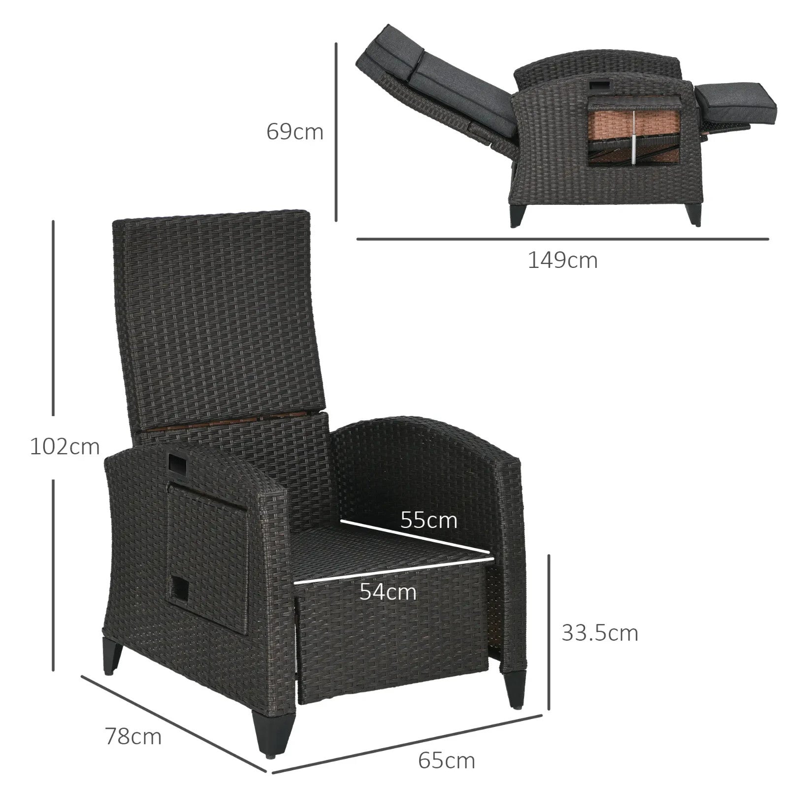 Outdoor Recliner Chair w/ Cushion Adjustable Back & Tray Garden Lounger Footrest - Home and Garden Furniture Shop - rustic - furniture